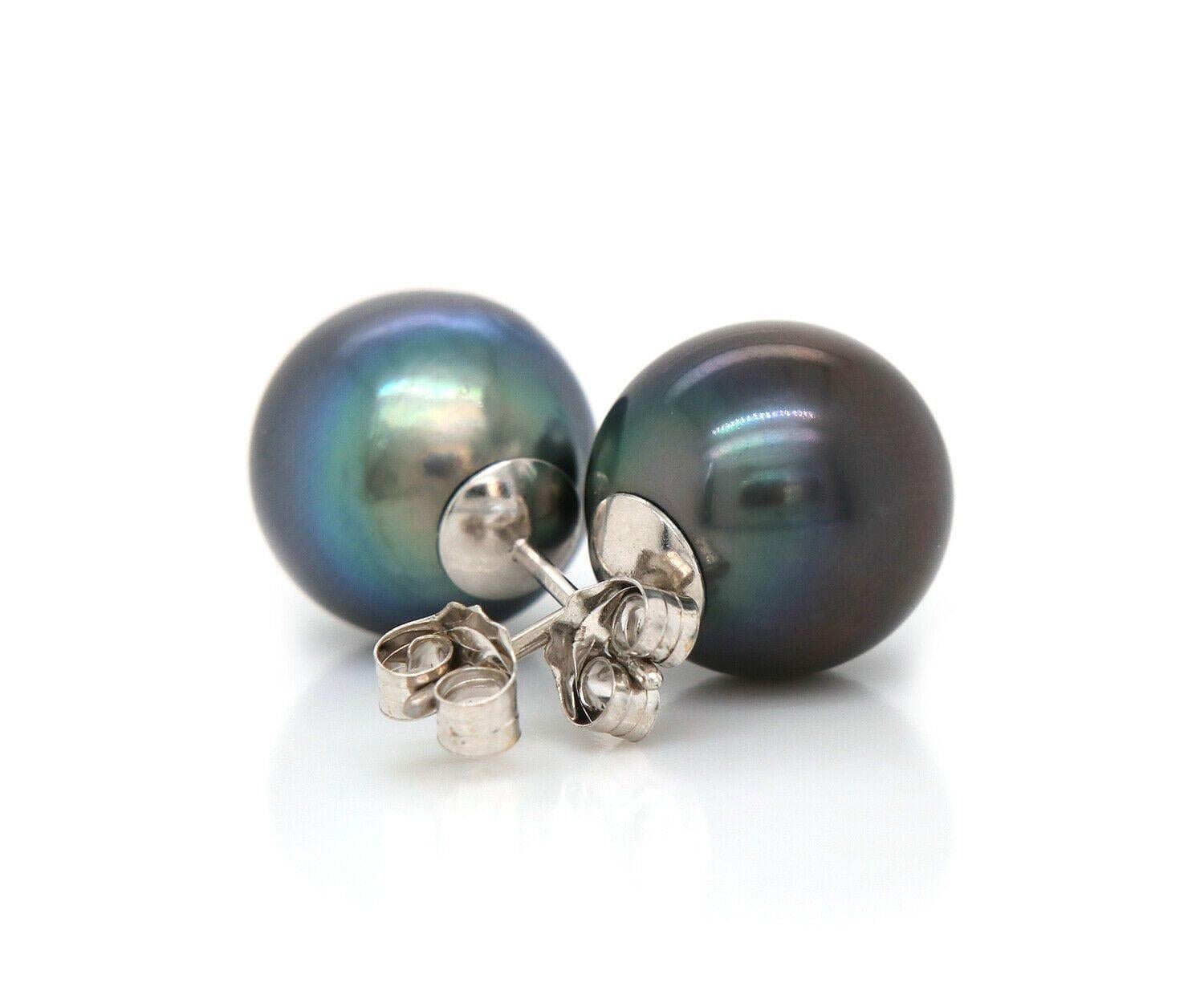 Round Cut Tahitian Cultured Pearl Stud Earrings in 14K White Gold For Sale