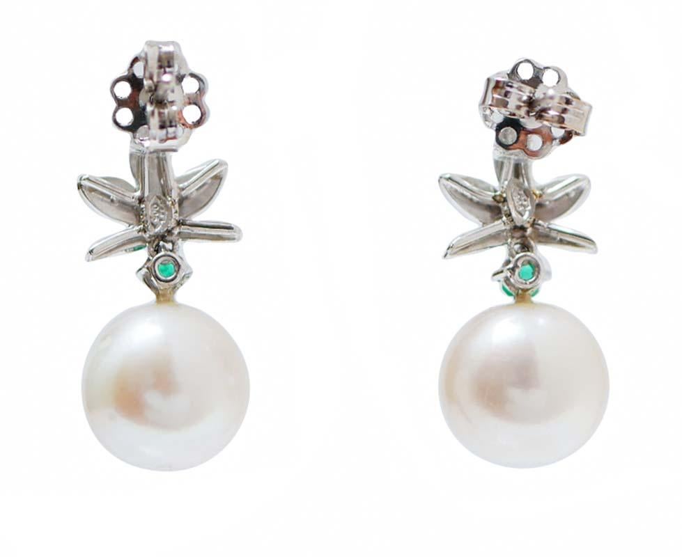 Retro 11.5 Mm White Pearls, Diamonds, Emeralds, Platinum Earrings.