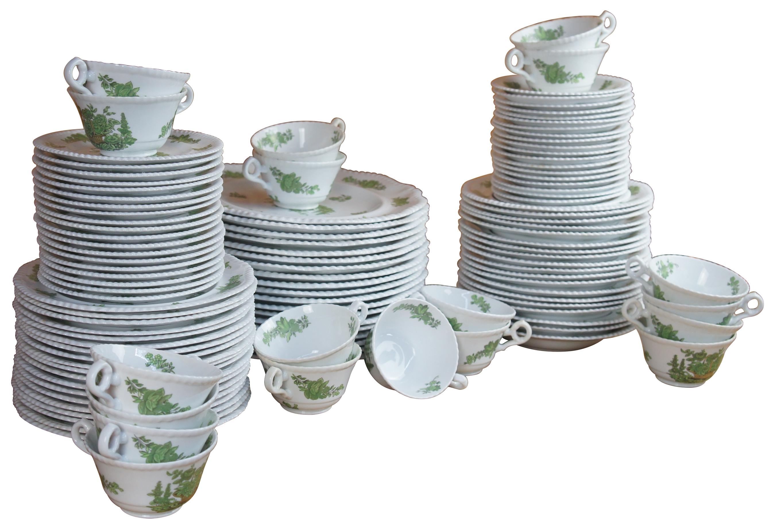 115 Pc Vintage English Spode Green Basket China Dinner Plates Bowls Tea Service In Good Condition In Dayton, OH