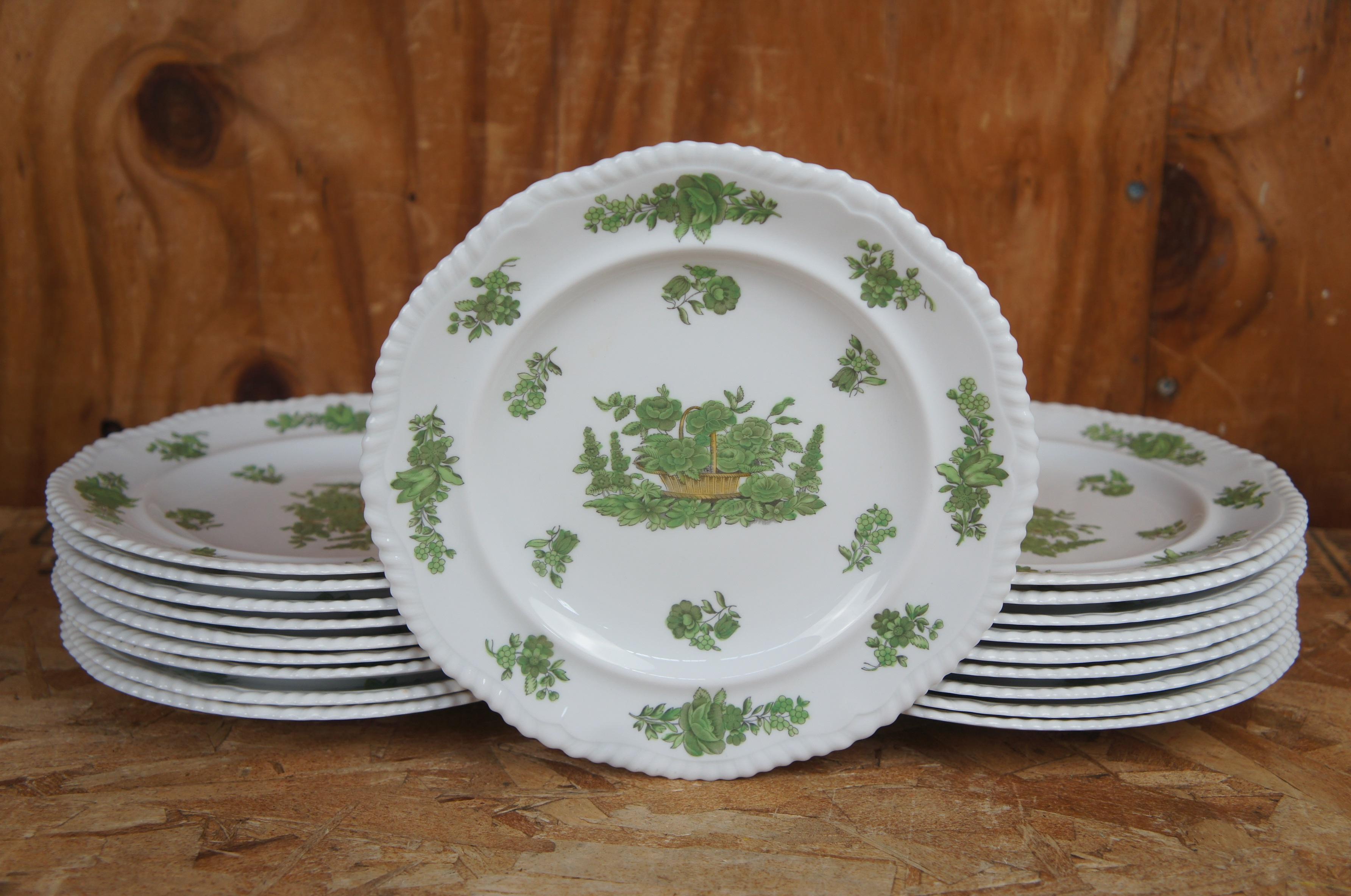 Porcelain 115 Pc Vintage English Spode Green Basket China Dinner Plates Bowls Tea Service