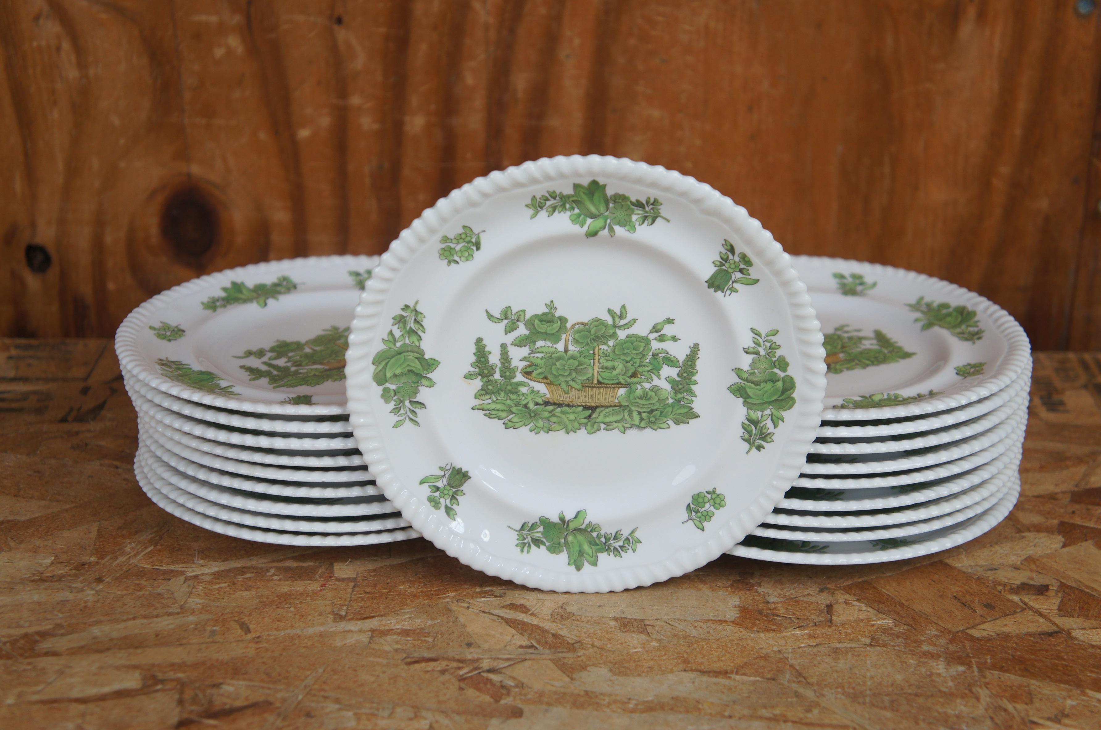 115 Pc Vintage English Spode Green Basket China Dinner Plates Bowls Tea Service 1
