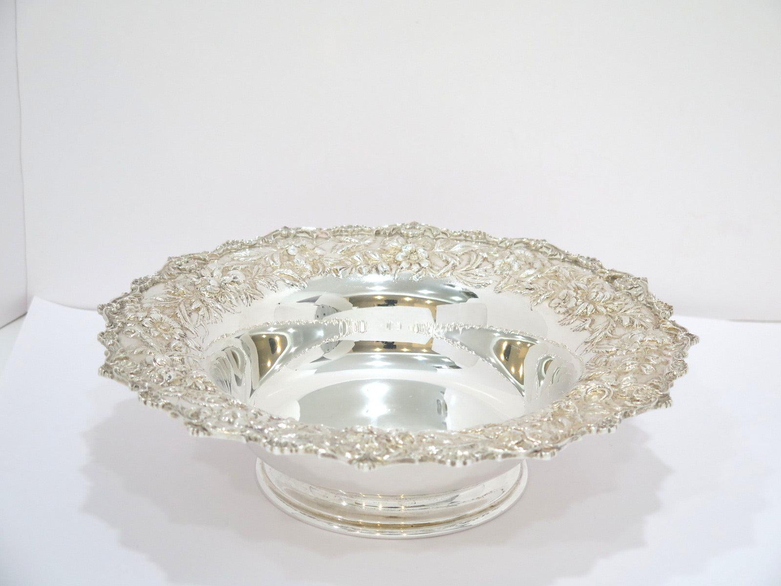 American Sterling Silver S. Kirk & Son Antique Floral Repousse Footed Serving Bowl For Sale