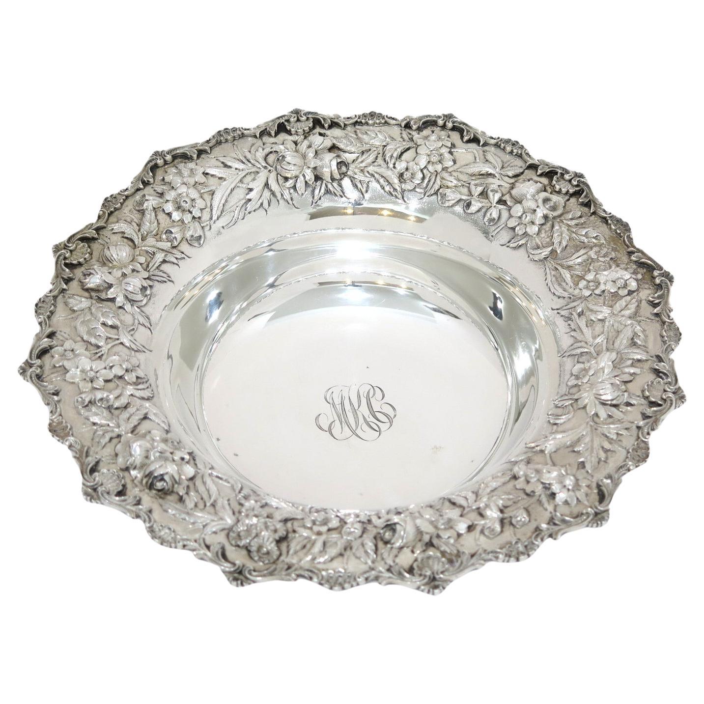 11.5" Sterling Silver S. Kirk & Son Vintage Floral Repousse Footed Serving Bowl For Sale