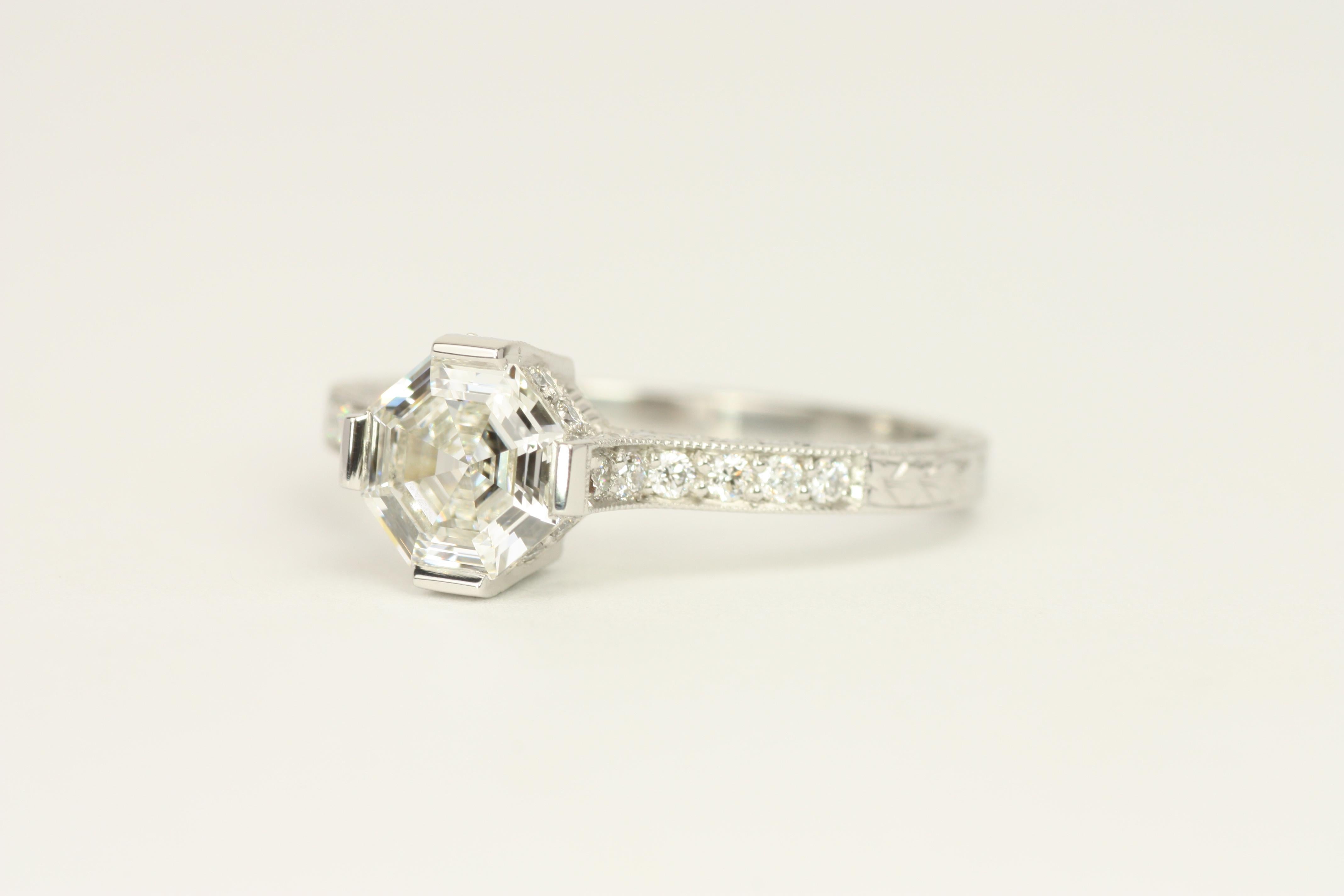 1.15 Total Carat Asscher & Round Diamond Art Deco Style Platinum Engagement Ring For Sale 2