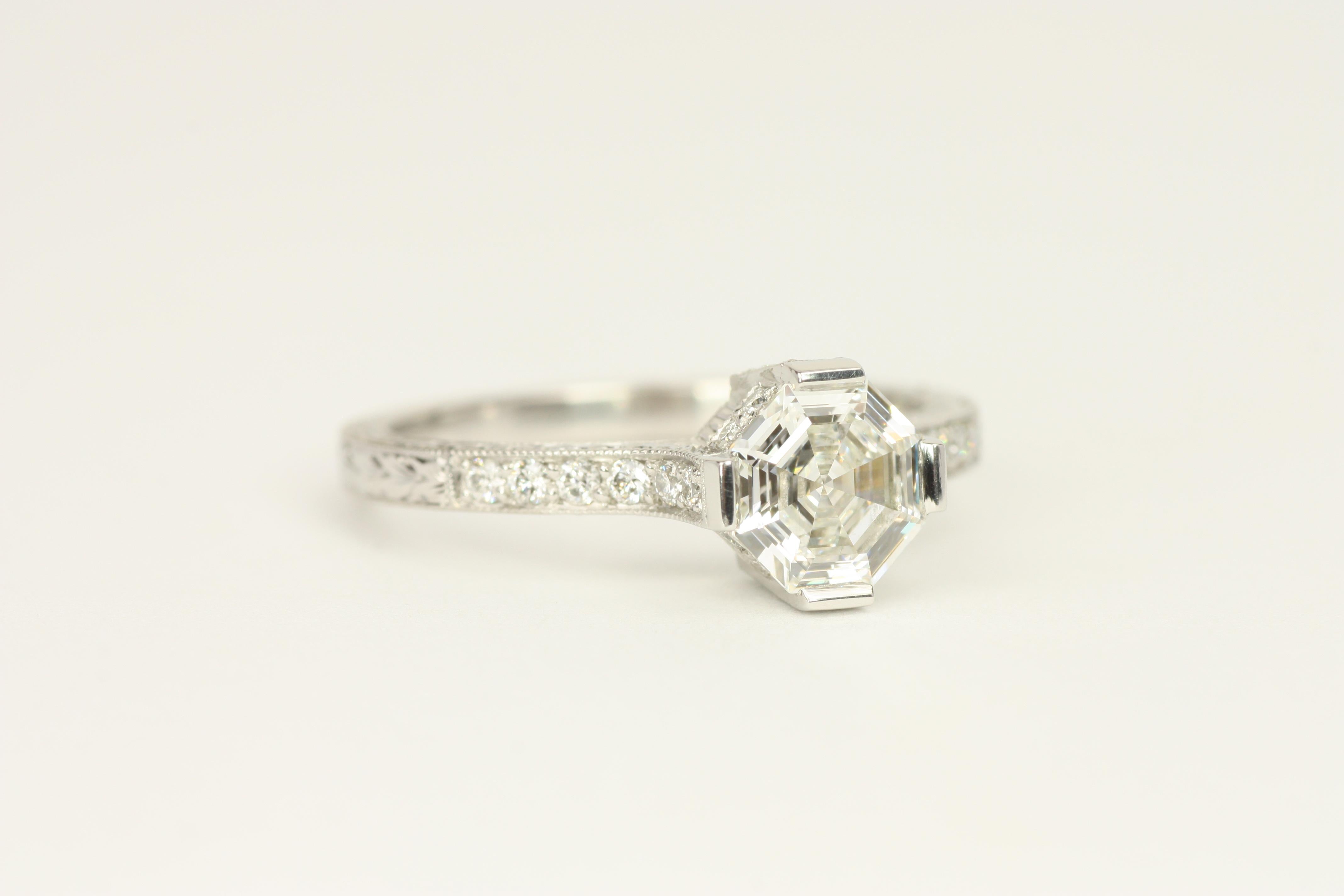 1.15 Total Carat Asscher & Round Diamond Art Deco Style Platinum Engagement Ring For Sale 3