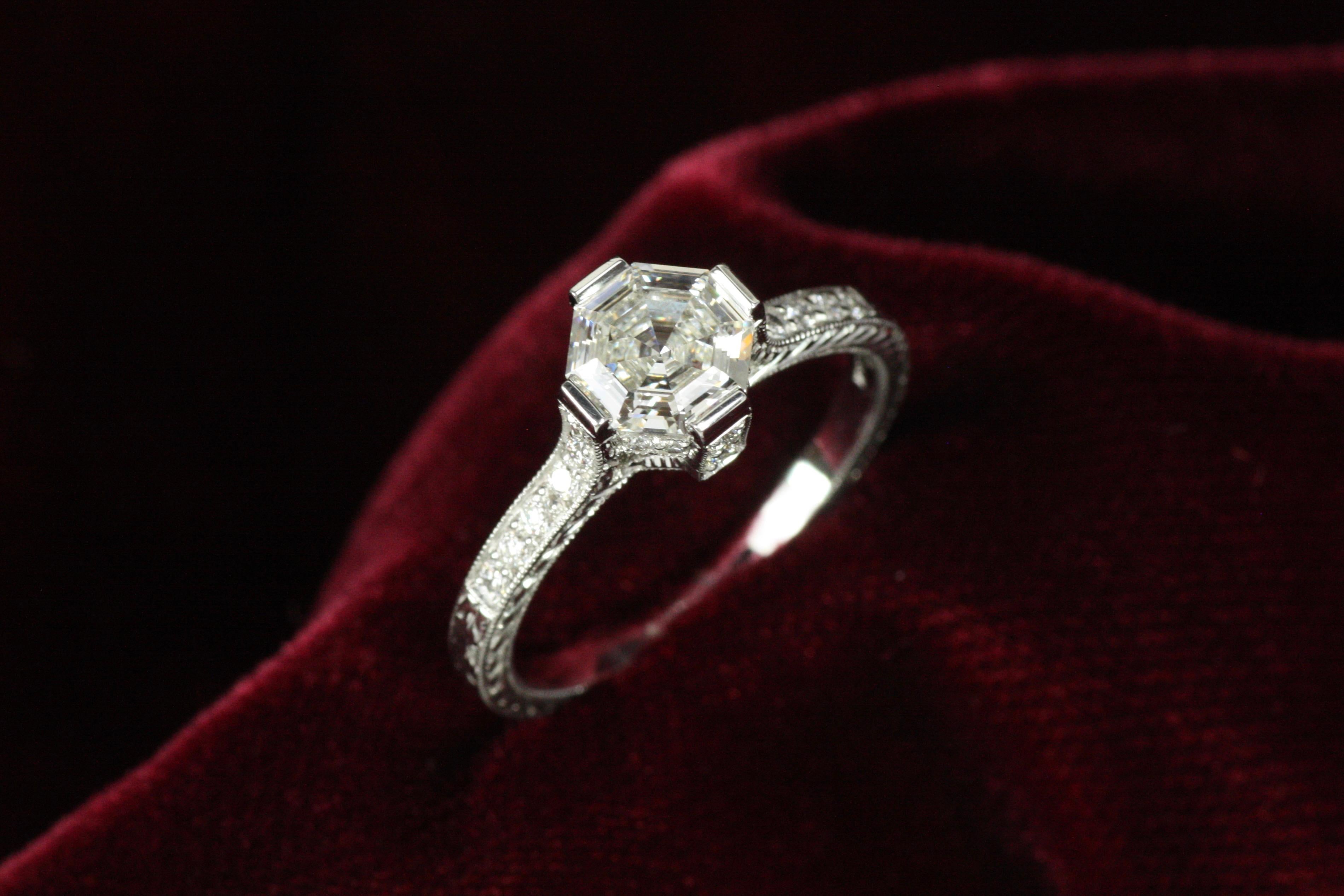 Round Cut 1.15 Total Carat Asscher & Round Diamond Art Deco Style Platinum Engagement Ring For Sale