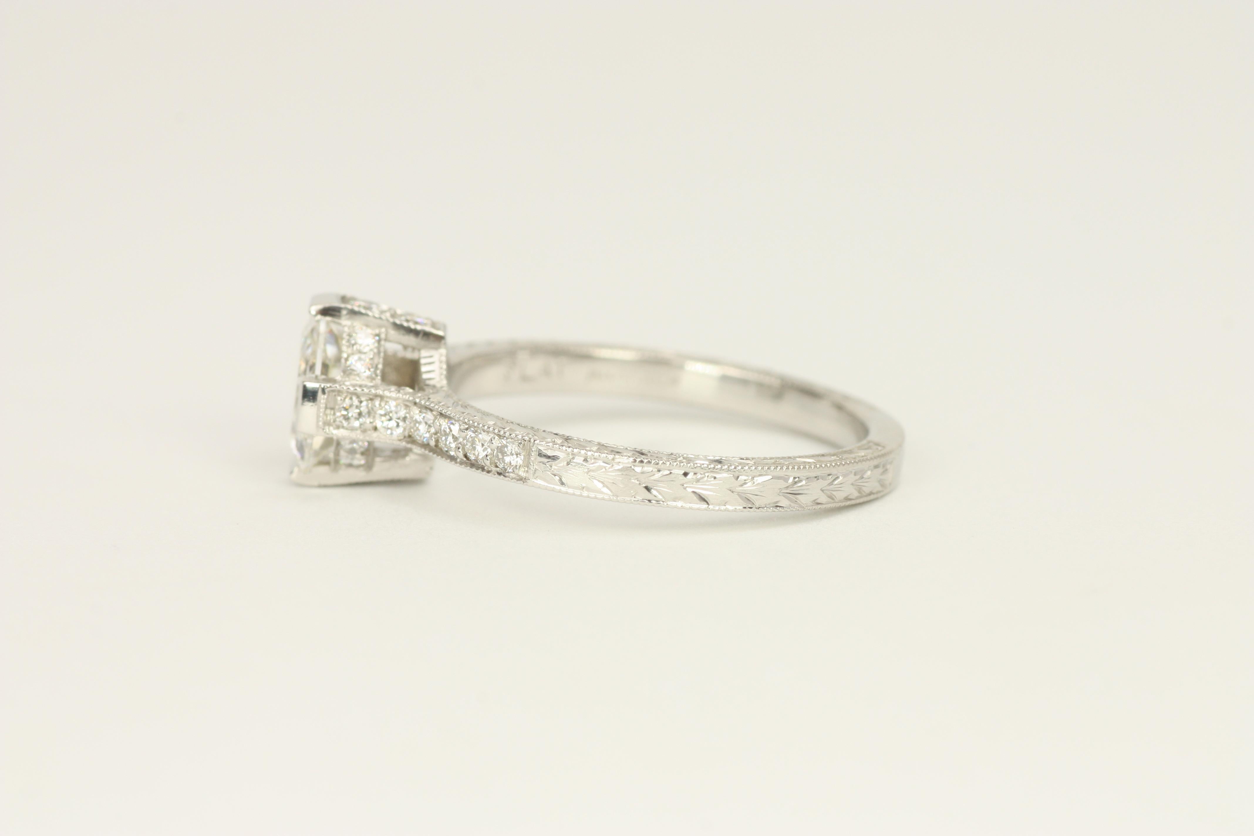 1.15 Total Carat Asscher & Round Diamond Art Deco Style Platinum Engagement Ring For Sale 4