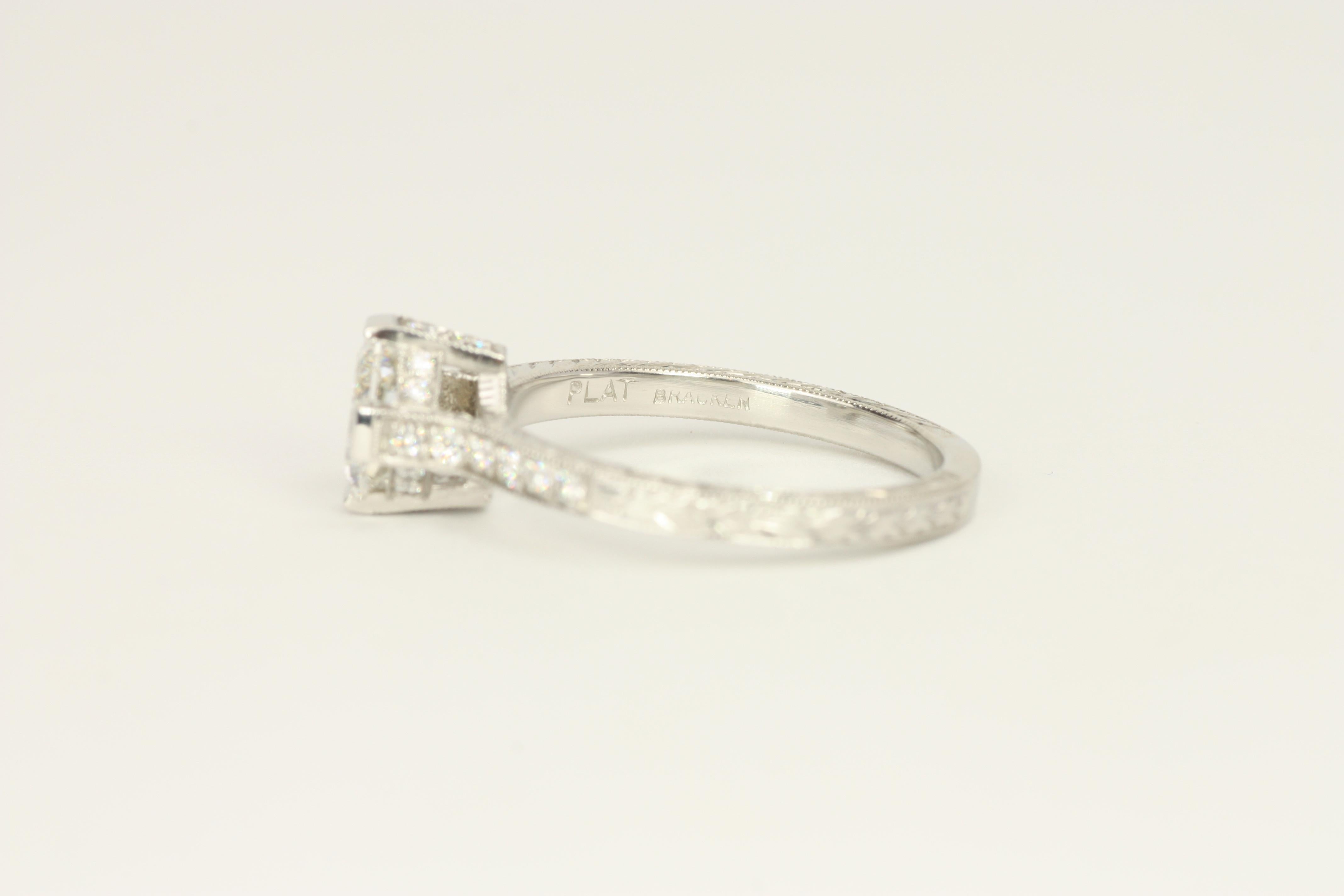 1.15 Total Carat Asscher & Round Diamond Art Deco Style Platinum Engagement Ring For Sale 5