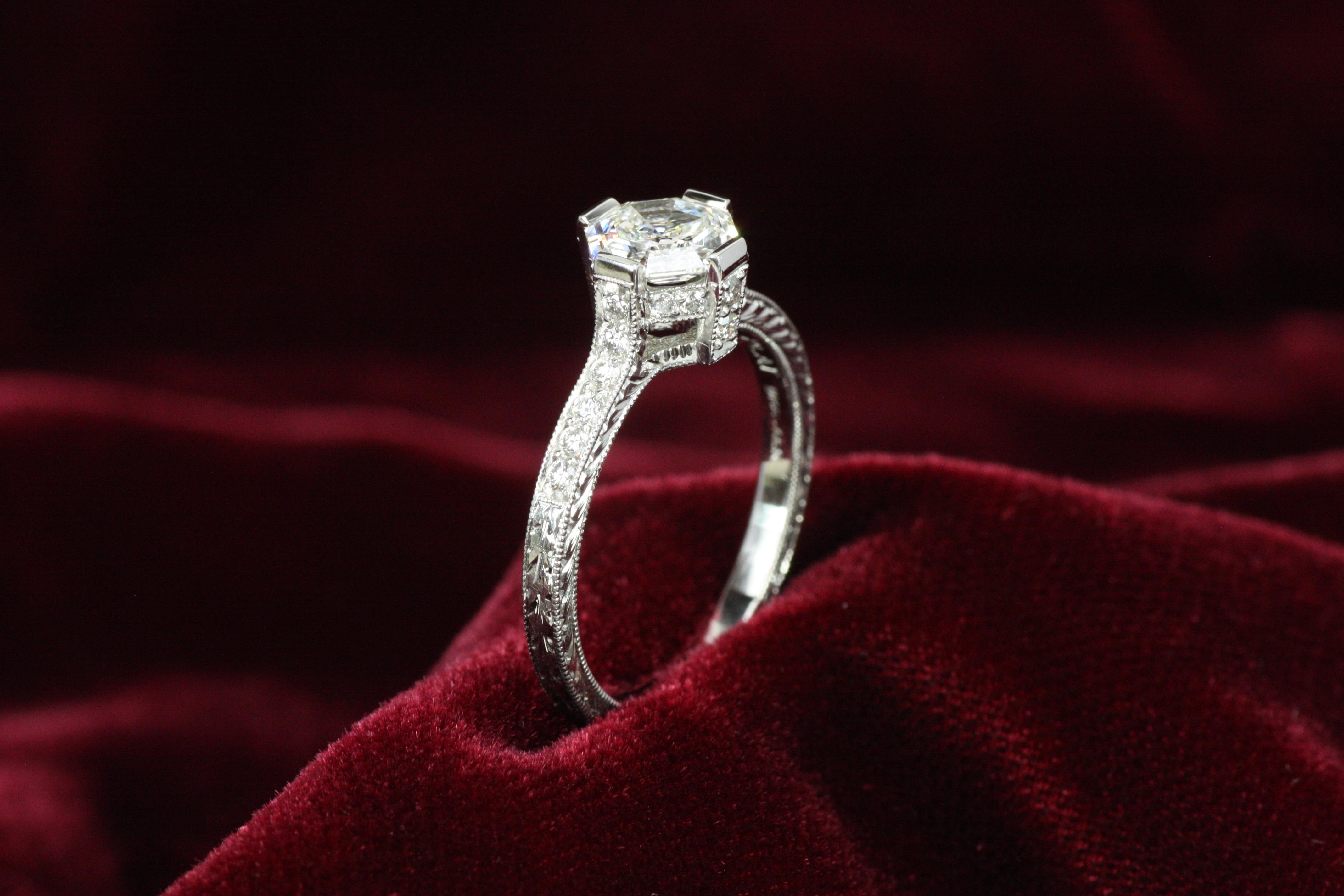 Women's 1.15 Total Carat Asscher & Round Diamond Art Deco Style Platinum Engagement Ring For Sale