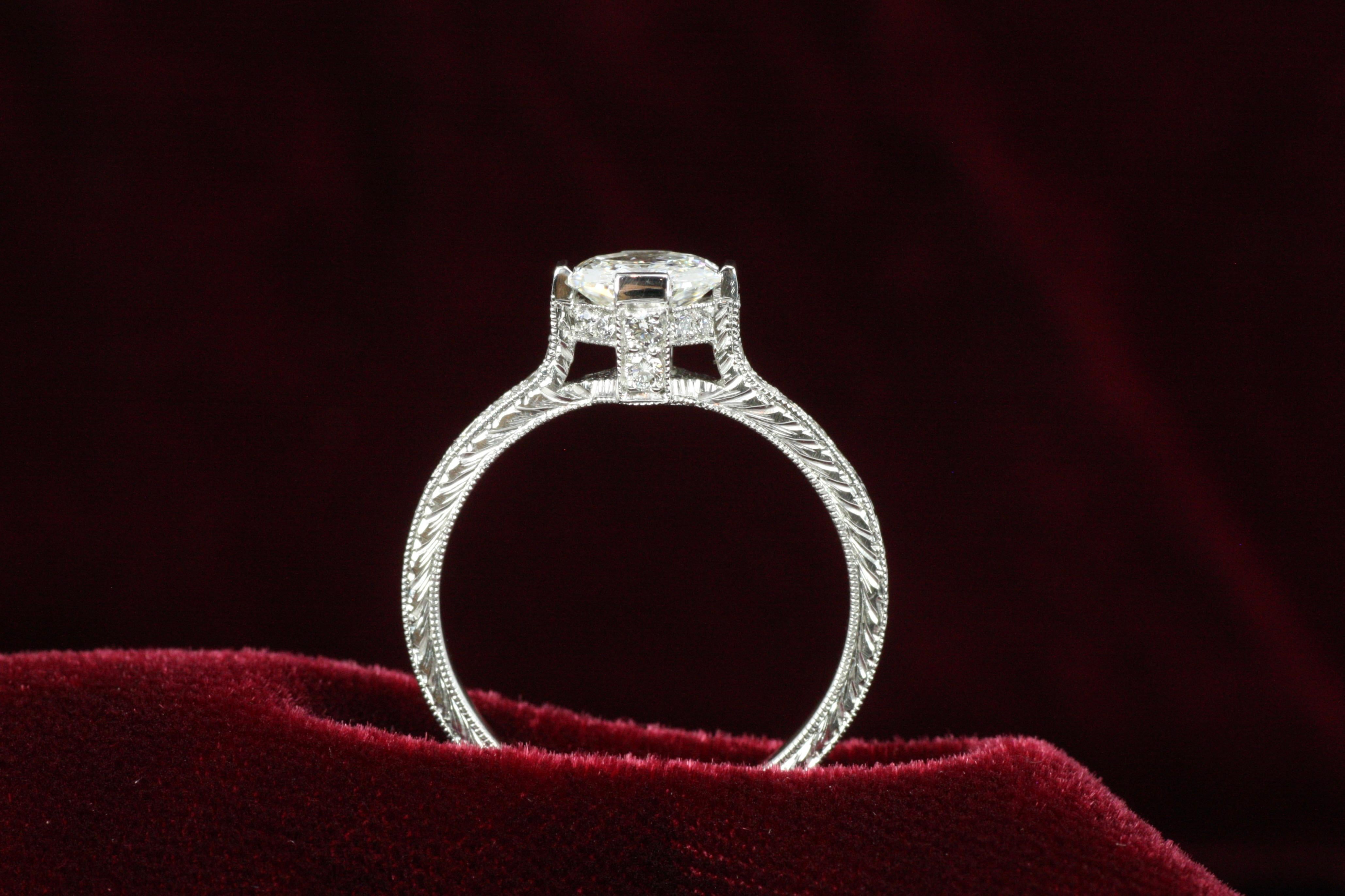 1.15 Total Carat Asscher & Round Diamond Art Deco Style Platinum Engagement Ring For Sale 1
