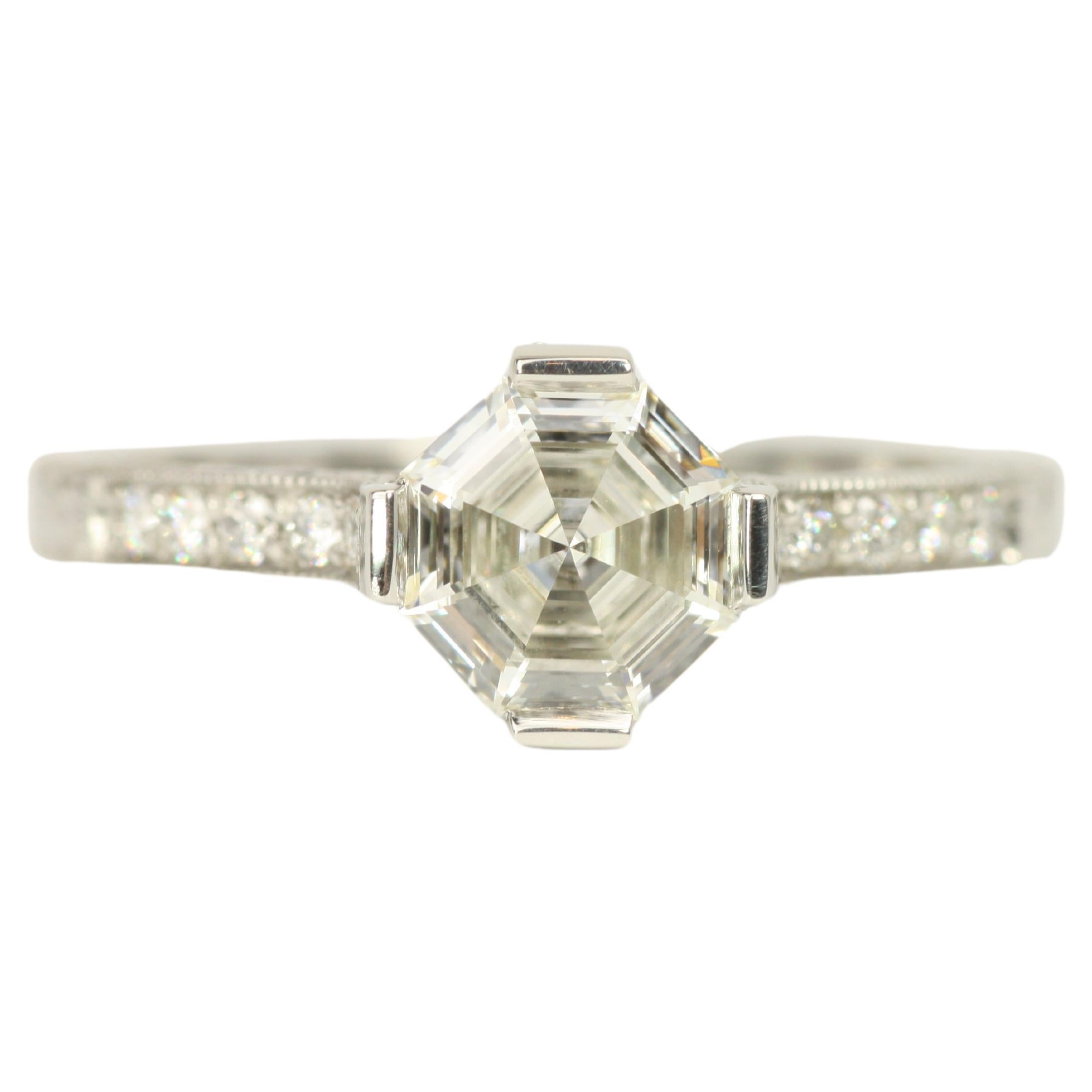 1.15 Total Carat Asscher & Round Diamond Art Deco Style Platinum Engagement Ring