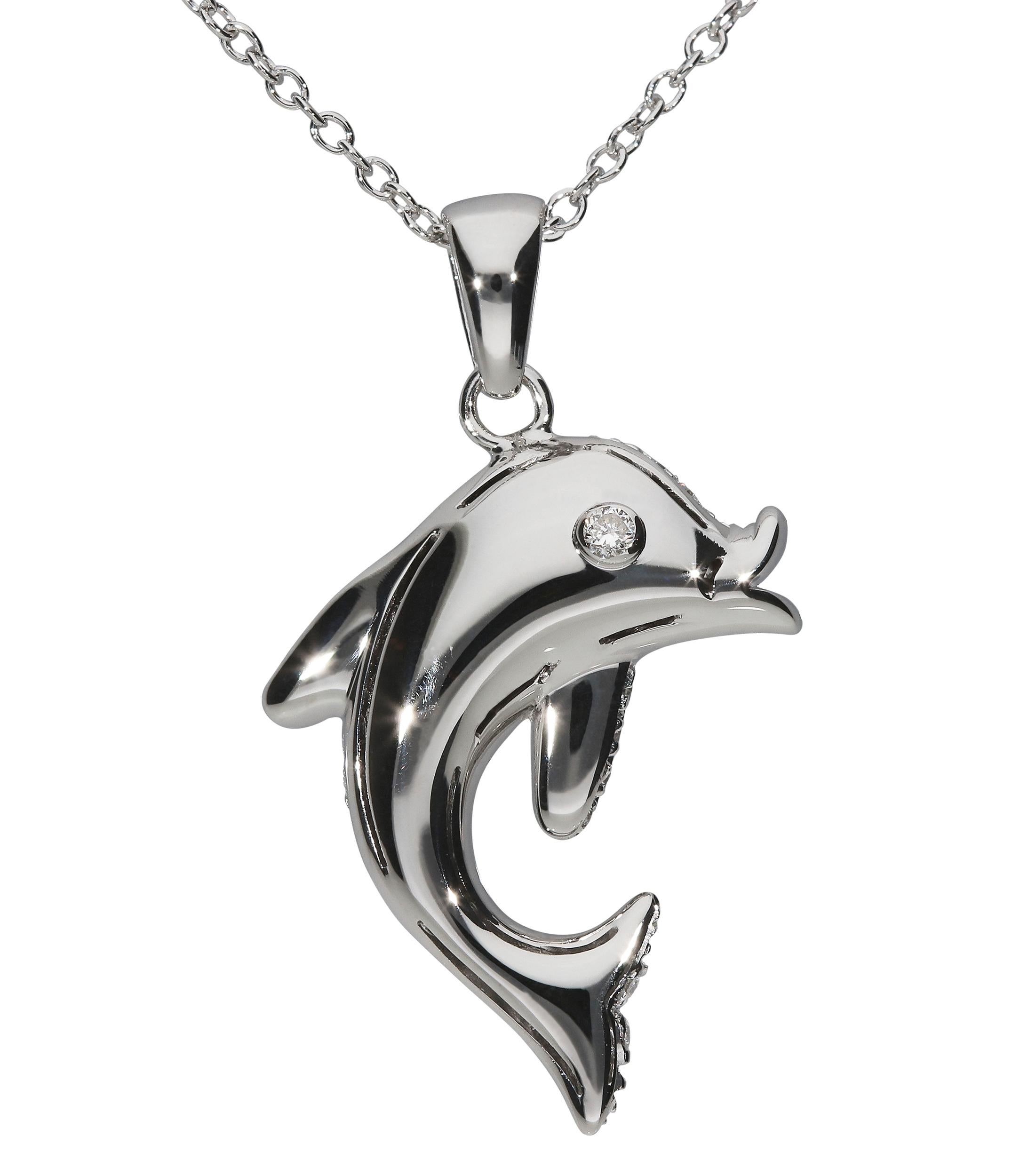 Modern 1.15 White GVS Diamonds 18 Karat White Gold Domed Dolphin Pendant Necklace For Sale