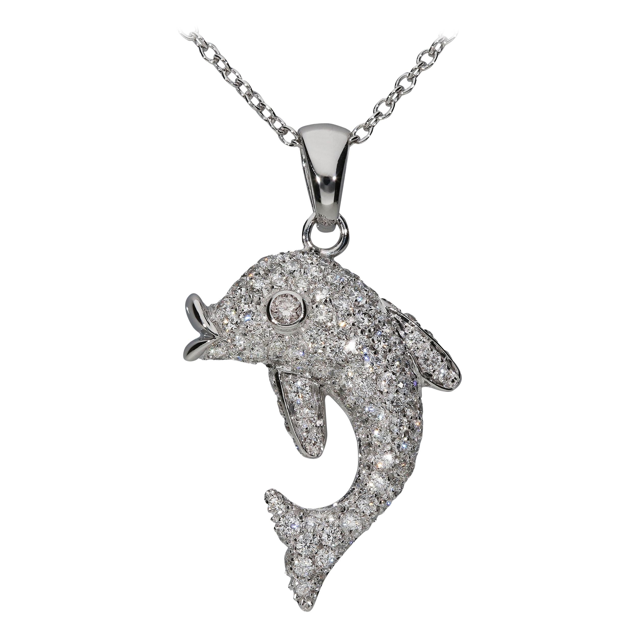 1.15 White GVS Diamonds 18 Karat White Gold Domed Dolphin Pendant Necklace For Sale