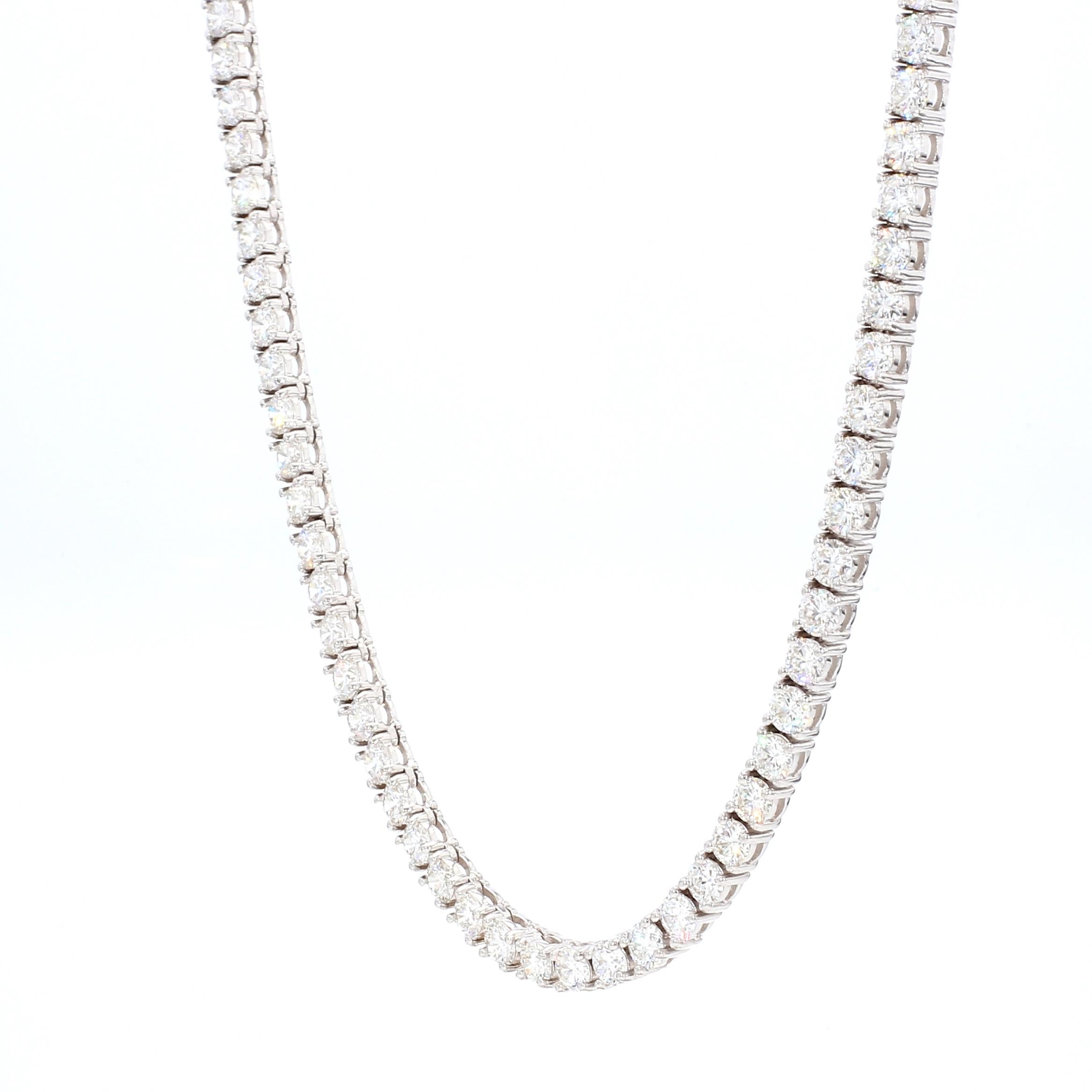 Handmade 18K White Gold Classic Tennis Necklace with 123 Round Brilliant Cut Diamonds D-E color VVS2- VS1 clarity, weighting in total 10.83 carats. 
This stunning piece is 16 inches long. 

Viewings available in our NYC wholesale office by