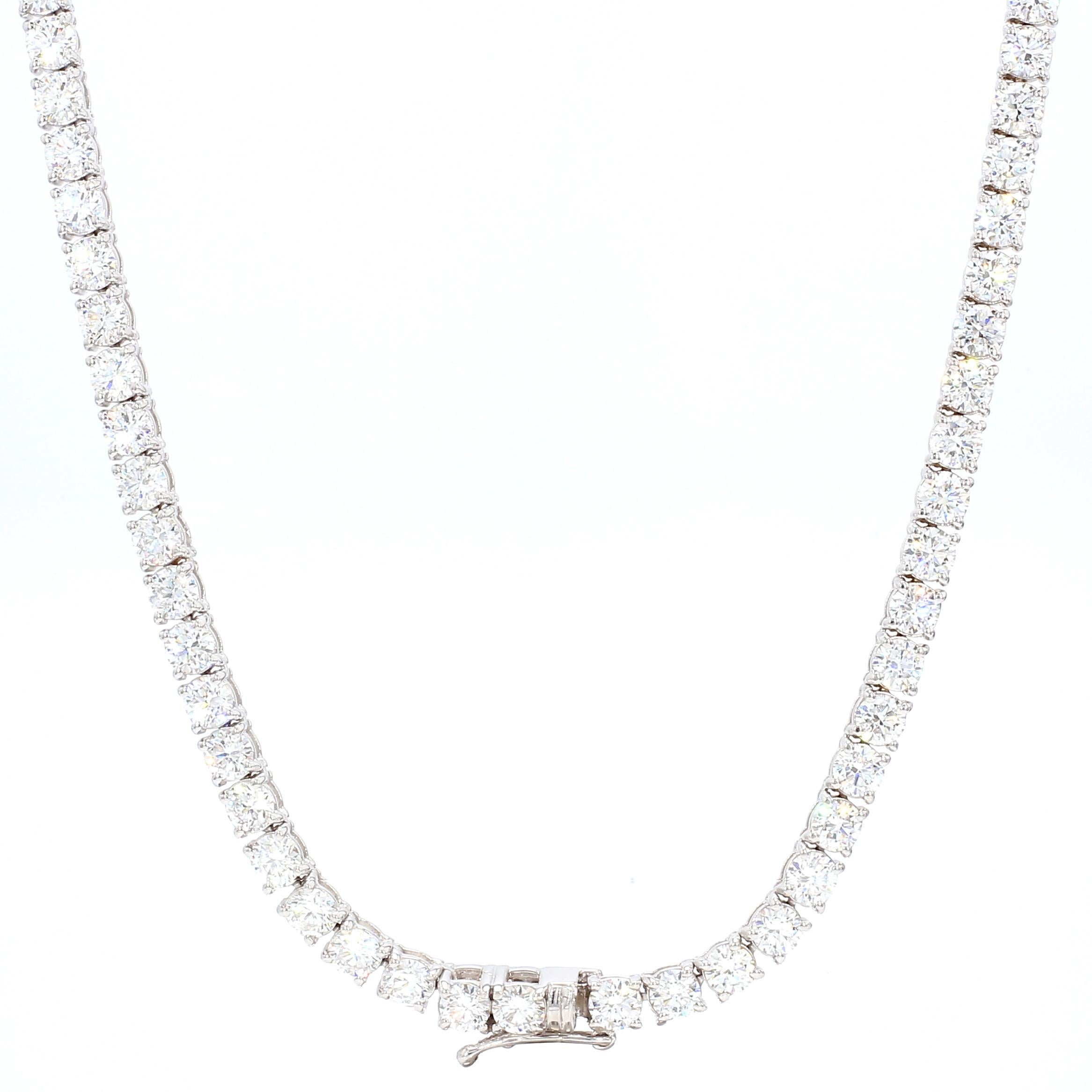 Round Cut 10.83 Carat 18k White Gold Tennis Necklace For Sale