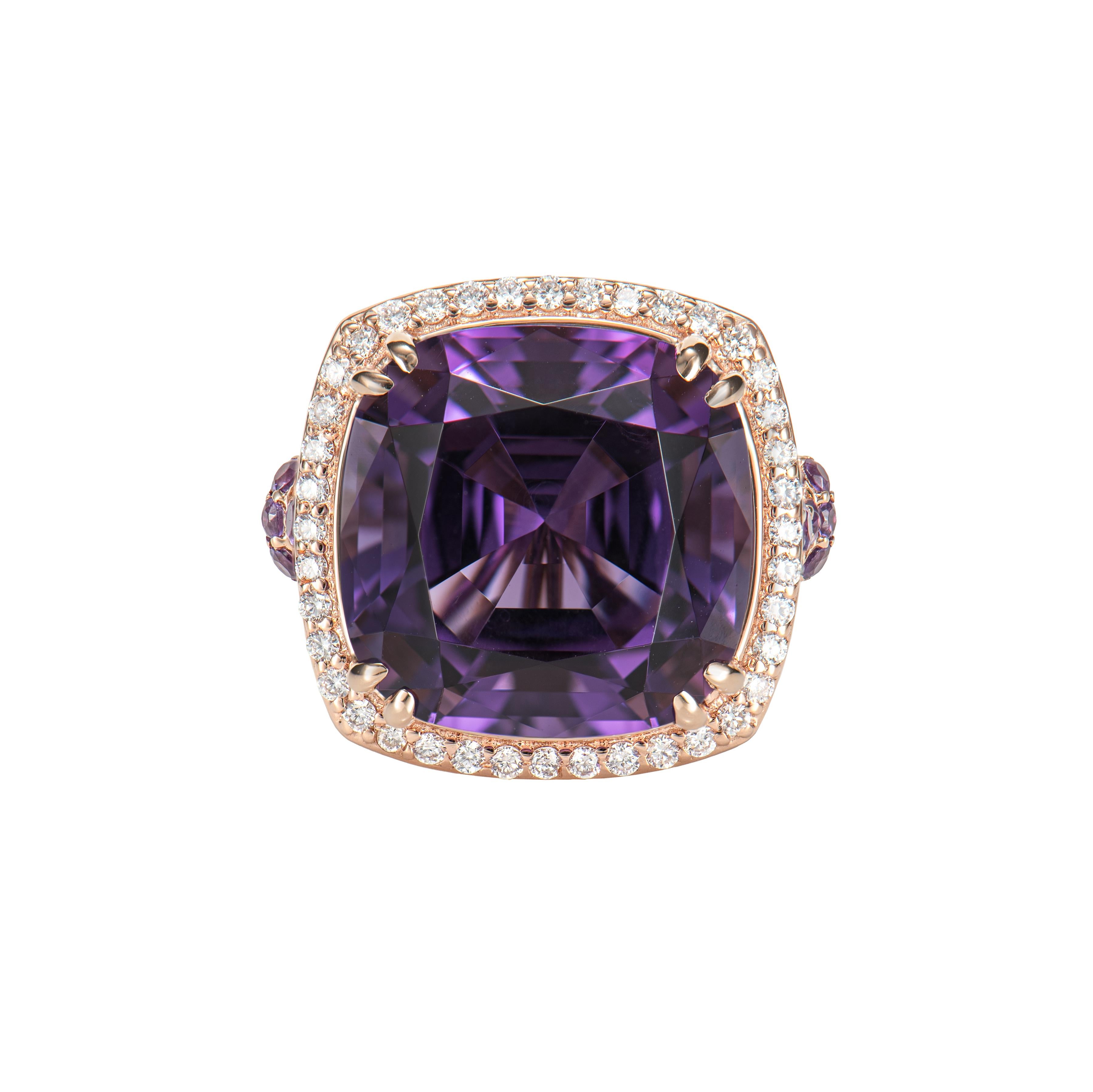 Contemporary 11.50 Carat Amethyst Cocktail Ring in 18 Karat Rose Gold with Diamond. For Sale