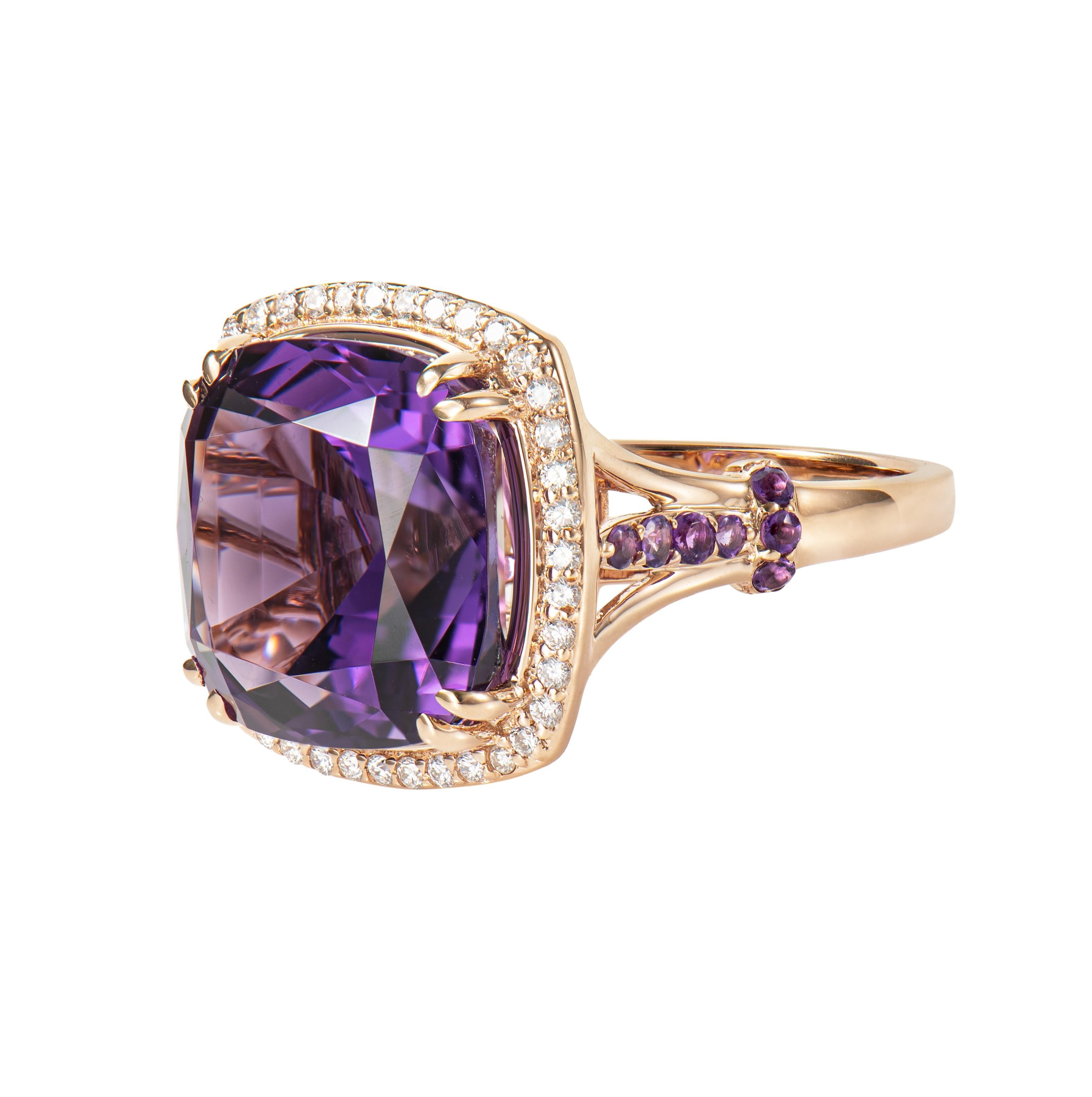 Cushion Cut 11.50 Carat Amethyst Cocktail Ring in 18 Karat Rose Gold with Diamond. For Sale