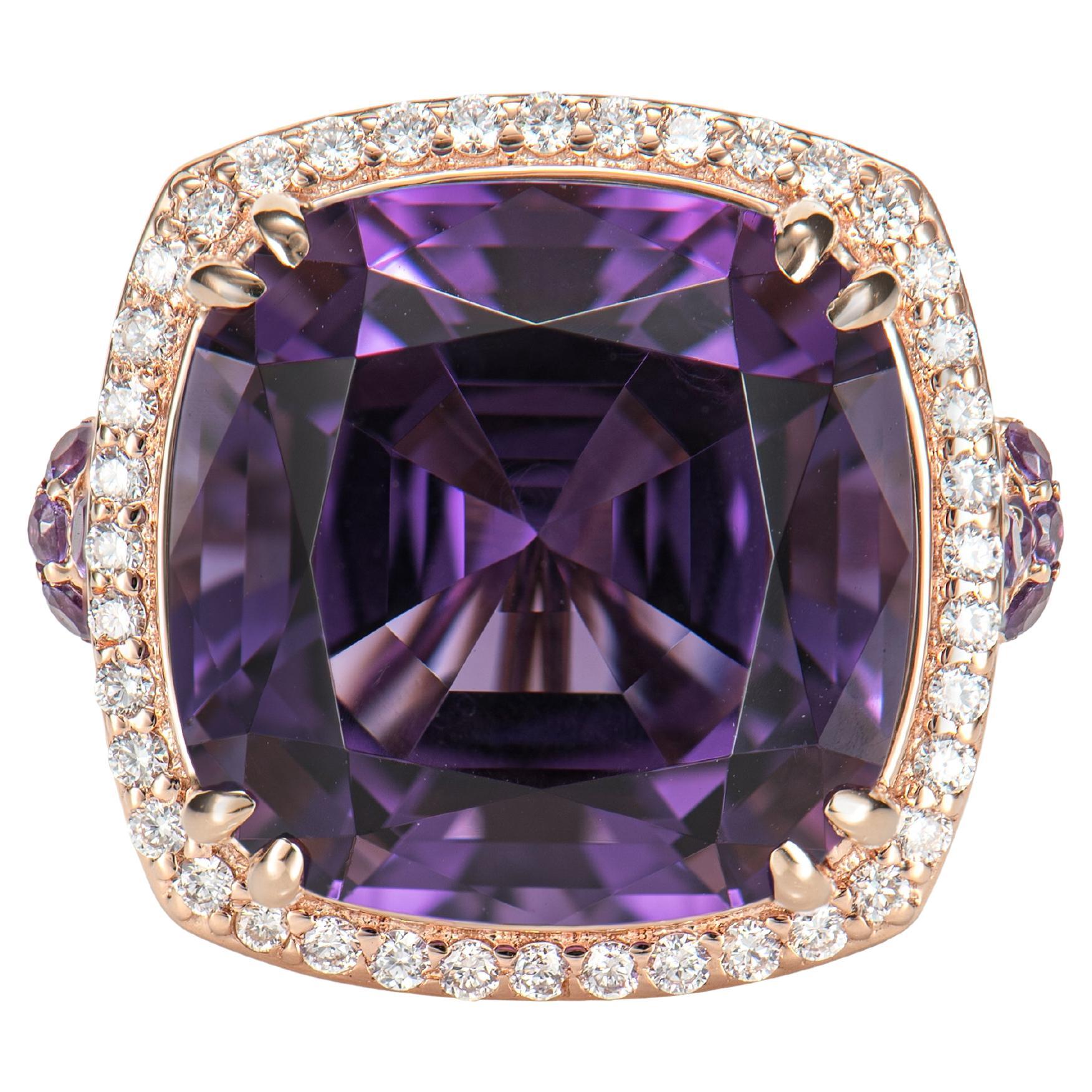 11.50 Carat Amethyst Cocktail Ring in 18 Karat Rose Gold with Diamond. For Sale
