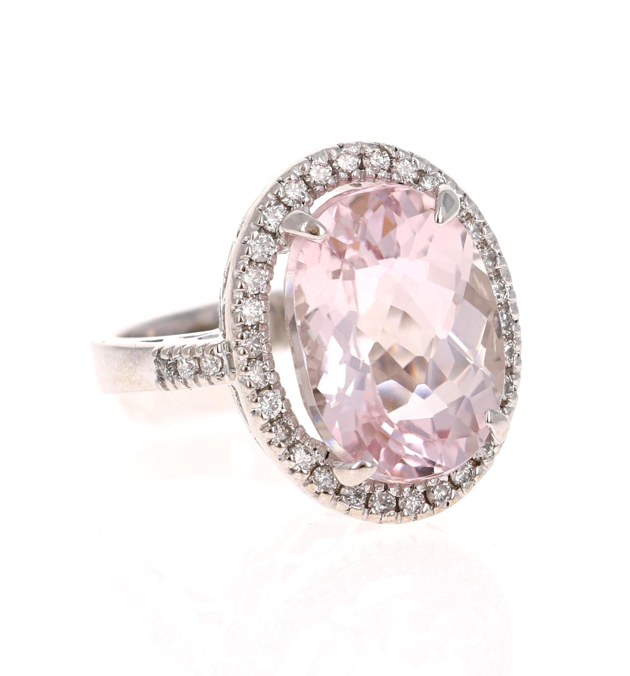 This beautiful piece has a 10.97 carat Oval Cut Kunzite that is set in the center of the ring, it is surrounded by 36 Round Cut Diamonds that weigh 0.53 carats.  The total carat weight of the ring is 11.50 carats. 

The ring is made in 14K White