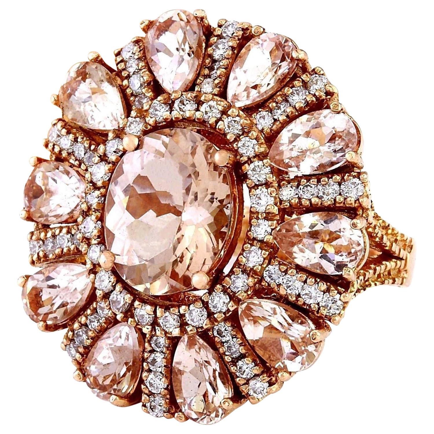 11.50 Carat Natural Morganite 14K Solid Rose Gold Diamond Ring
 Item Type: Ring
 Item Style: Cocktail
 Material: 14K Rose Gold
 Mainstone: Morganite
 Stone Color: Peach
 CenterStone Weight: 8.00 Carat
 SideStones Weight: 2.70 Carat
 Stone Shape: