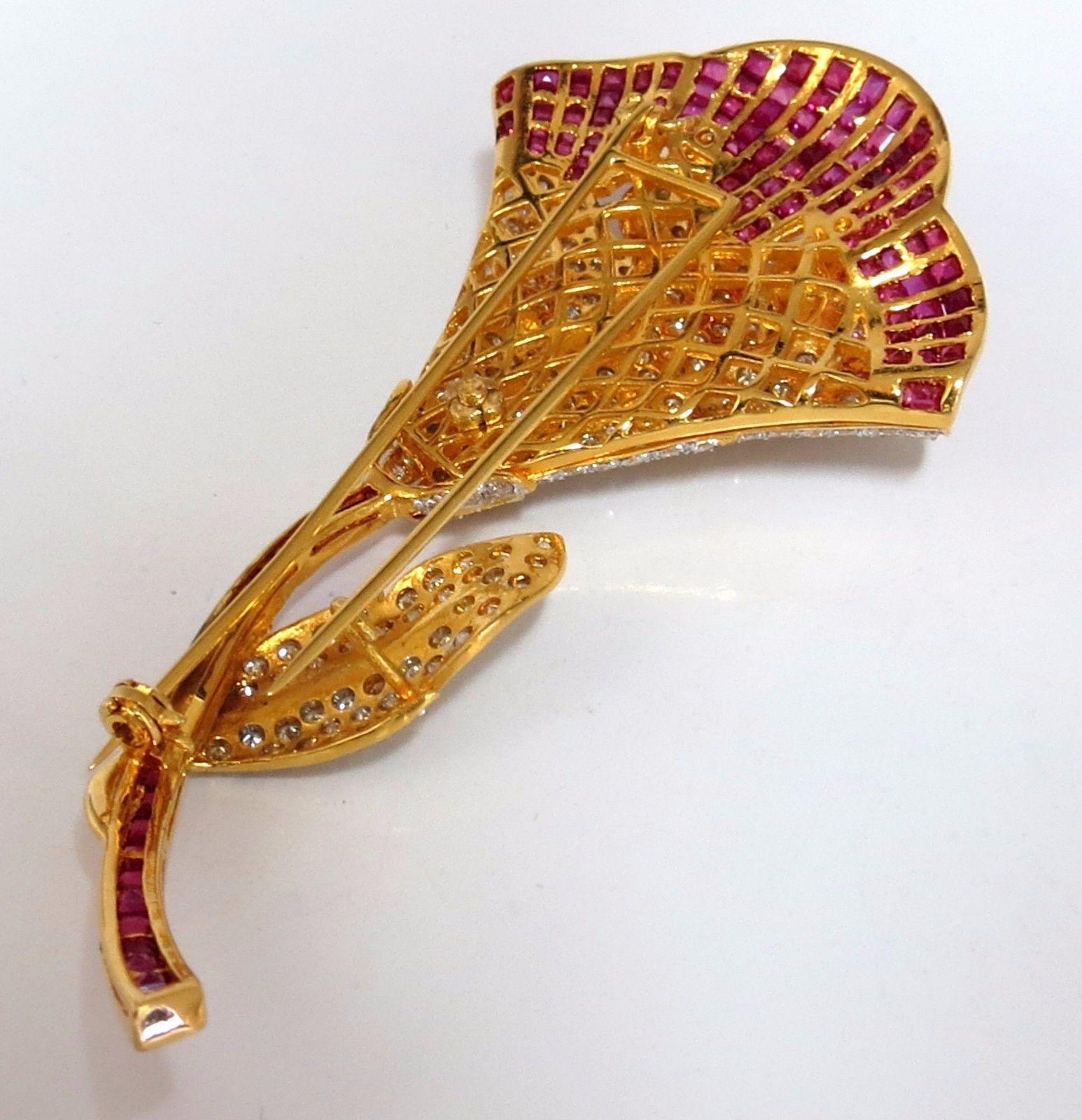Floral Bundle Brooch Pin

 5.00ct natural diamonds

Rounds, Full cut Brilliant.

G-color VS-2 clarity.

6.50ct natural ruby. 

Baguette, square cuts.

18kt yellow gold 

3D intricate detail of flowers

24.5 grams.

Overall: 3.2 X 1.6 inch

$17000