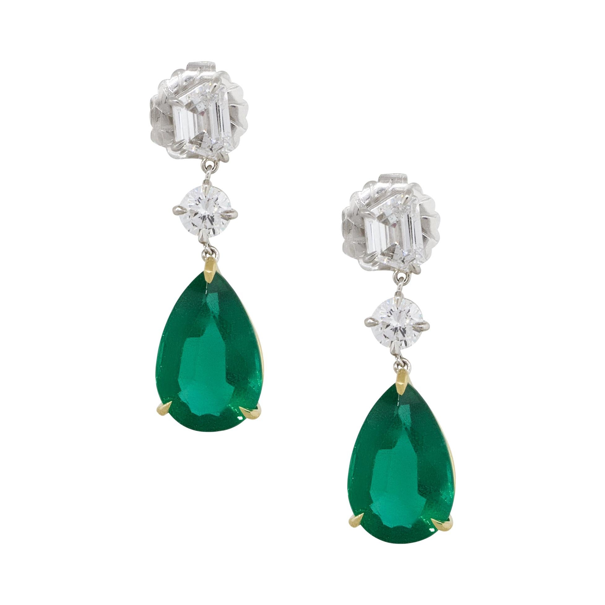 11.50 Carat Pear Shape Emerald Diamond Dangle Earrings 14 Karat in Stock