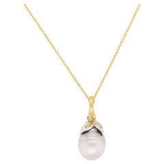 11.50 Carat Pearl and White Round Diamond Pendant Leaf Necklace 14K White Gold 