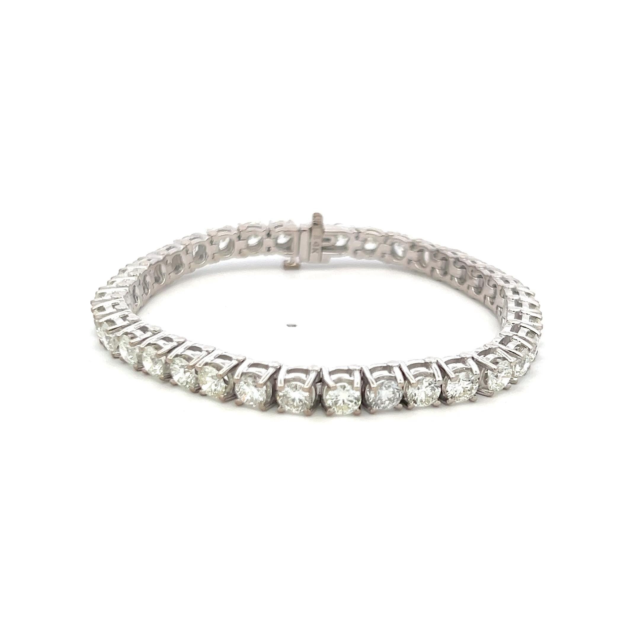 Women's 11.50 Carat Round Brilliant H SI Diamond 14 Karat White Gold Tennis Bracelet For Sale