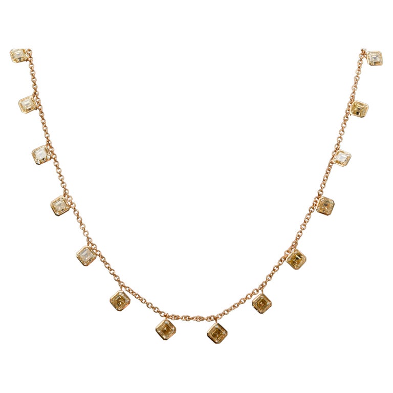 8.50 Carat Yellow Asscher Cut Diamonds Drop Necklace, 18K Gold For Sale