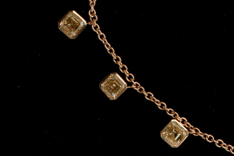8.50 Carat Yellow Asscher Cut Diamonds Drop Necklace, 18K Gold For Sale