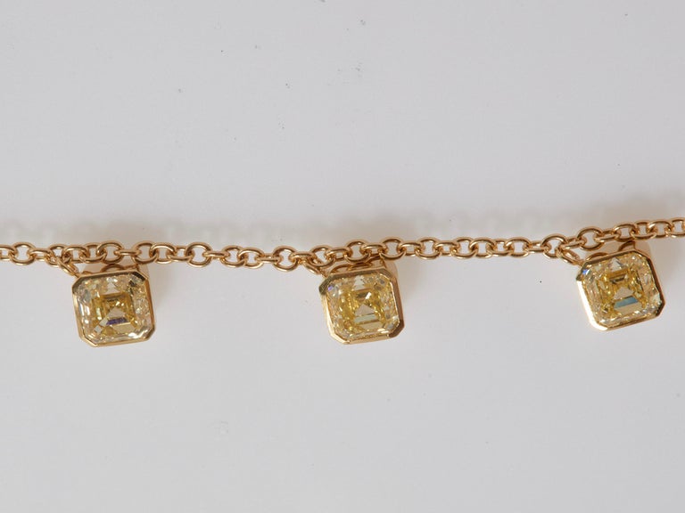 8.50 Carat Yellow Asscher Cut Diamonds Drop Necklace, 18K Gold For Sale