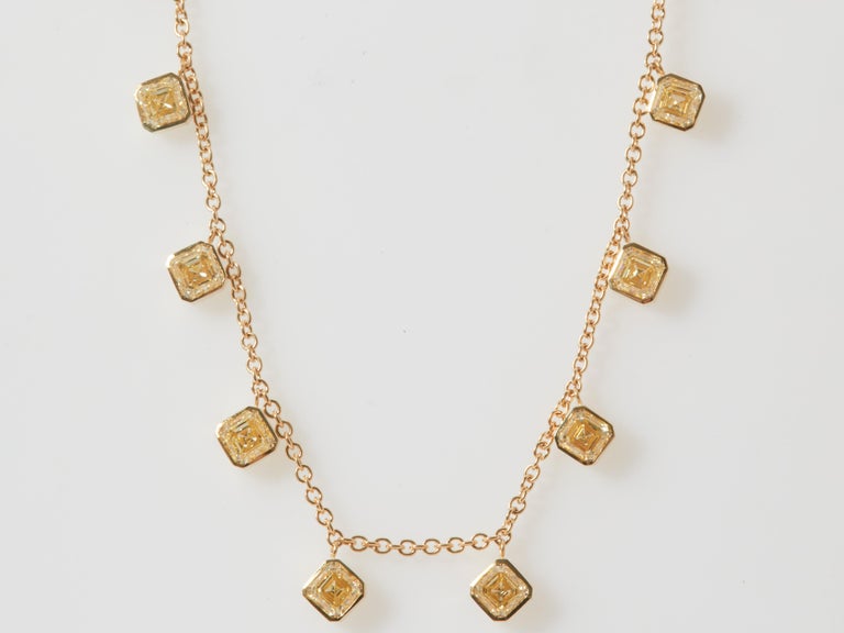 8.50 Carat Yellow Asscher Cut Diamonds Drop Necklace, 18K Gold For Sale