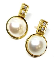 Bezel Set White Round Button Pearl & Diamond 18k Yellow Gold Post Drop Earrings