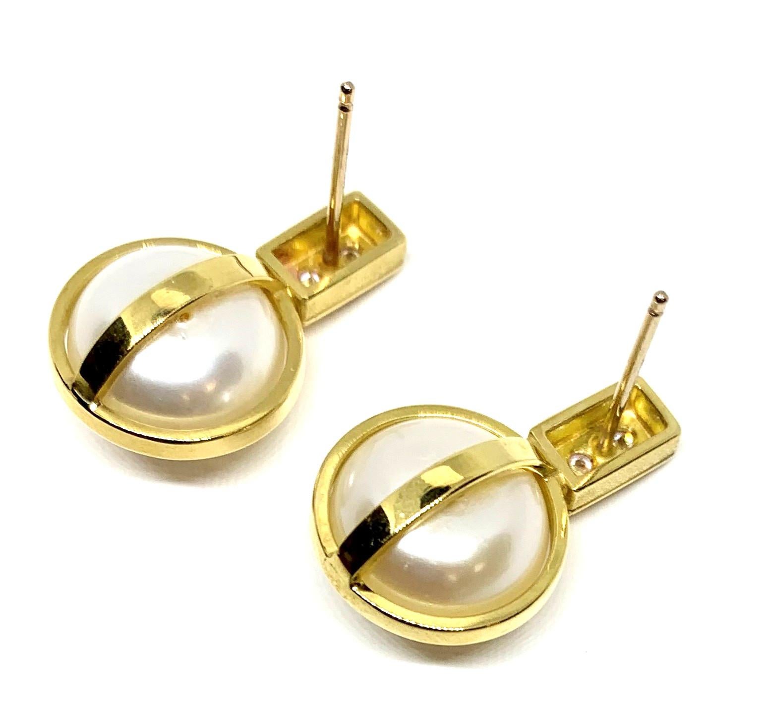 Artisan Bezel Set White Round Button Pearl & Diamond 18k Yellow Gold Post Drop Earrings