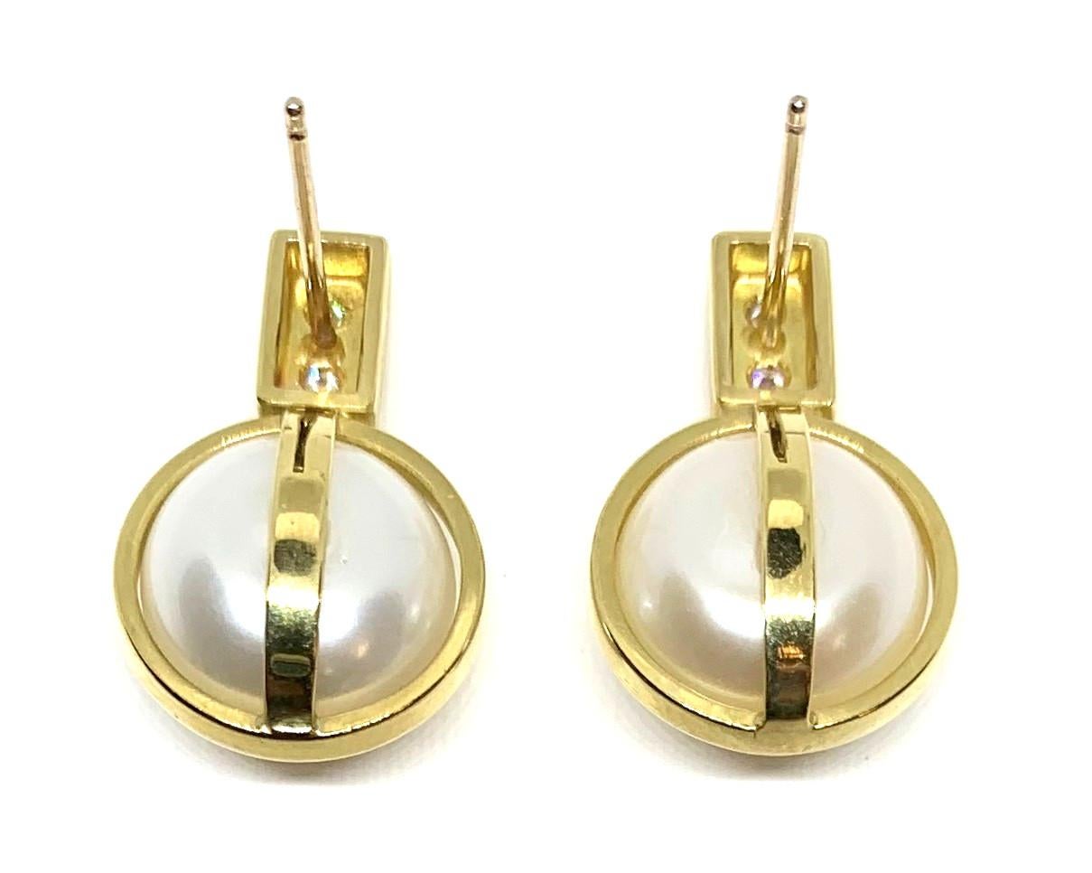 Round Cut Bezel Set White Round Button Pearl & Diamond 18k Yellow Gold Post Drop Earrings