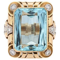 11.50ct Aquamarine Diamond Ring Vintage 14k Yellow Gold Cocktail Jewelry