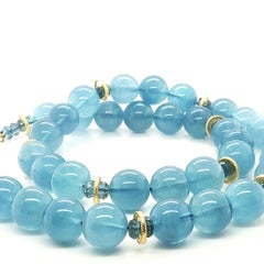 11.50mm Round Aquamarine Beaded Necklace with Gold and London Blue Topaz, 21 In
