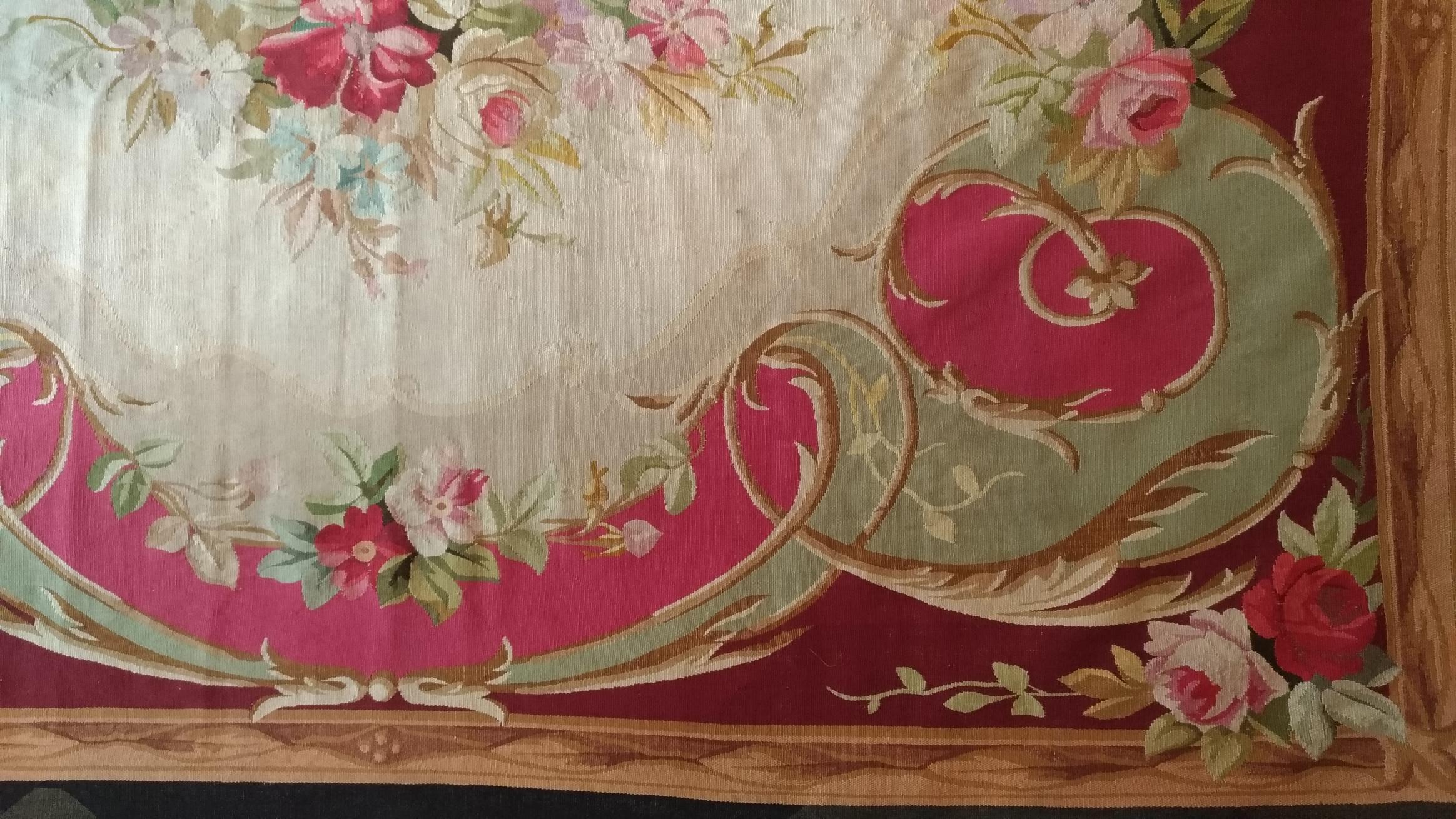 Aubusson rug from XIX Century napoleon 3 with fresh colors.
Thanks to our Restoration-Conservation workshop and also Our know-how, 
we are pleased to present to you works of art in fabric such as Tapestry, 
Carpets and Textiles in very good