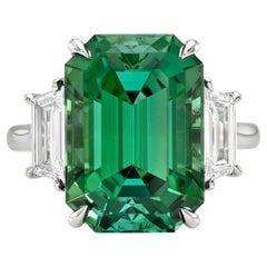 11.51 Carat Emerald-Cut Mint Tourmaline and Diamond Platinum Ring, GIA Certified