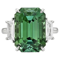 11.51 Carat Emerald-Cut Mint Tourmaline and Diamond Platinum Ring, GIA Certified