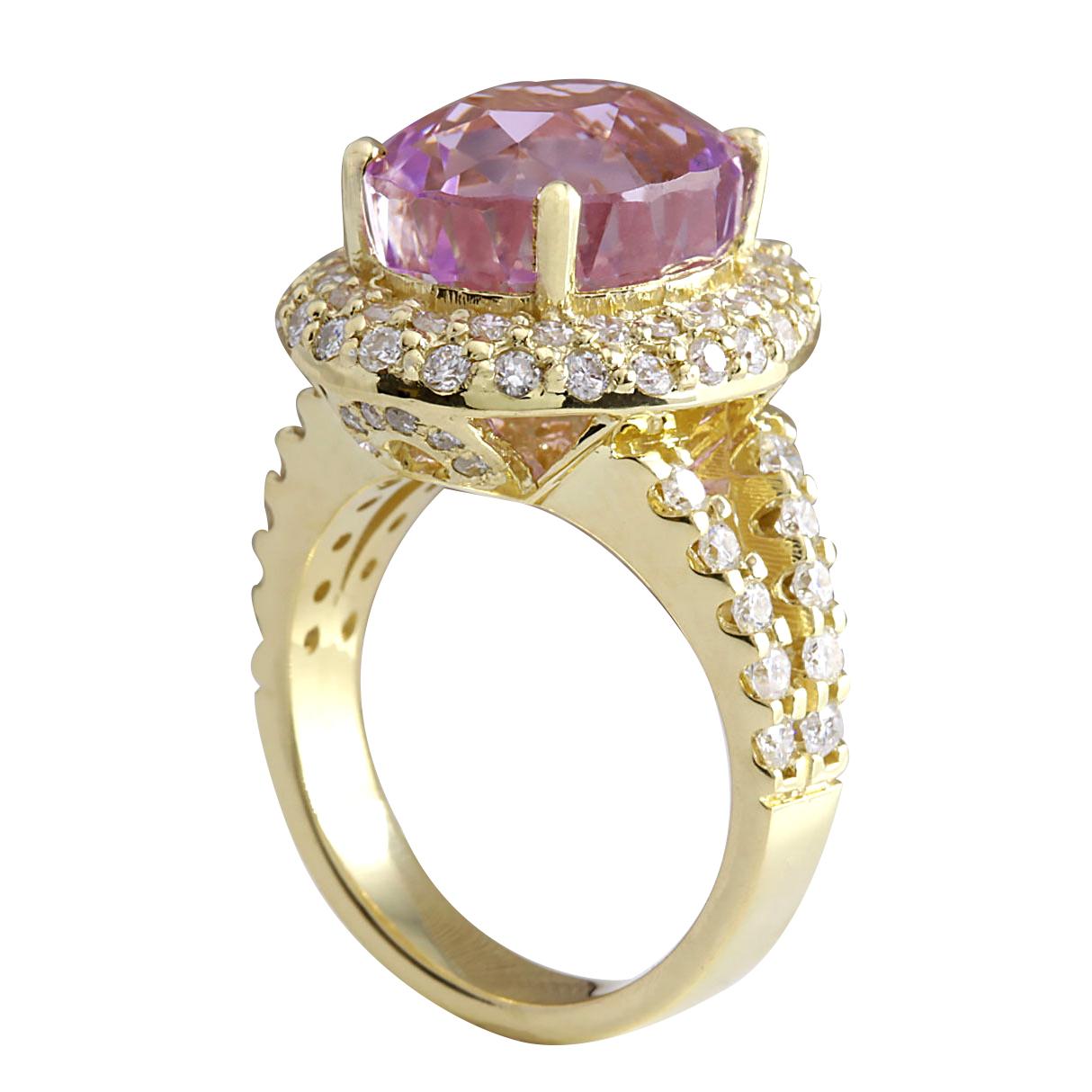 Oval Cut Kunzite Diamond Ring In 14 Karat Yellow Gold  For Sale