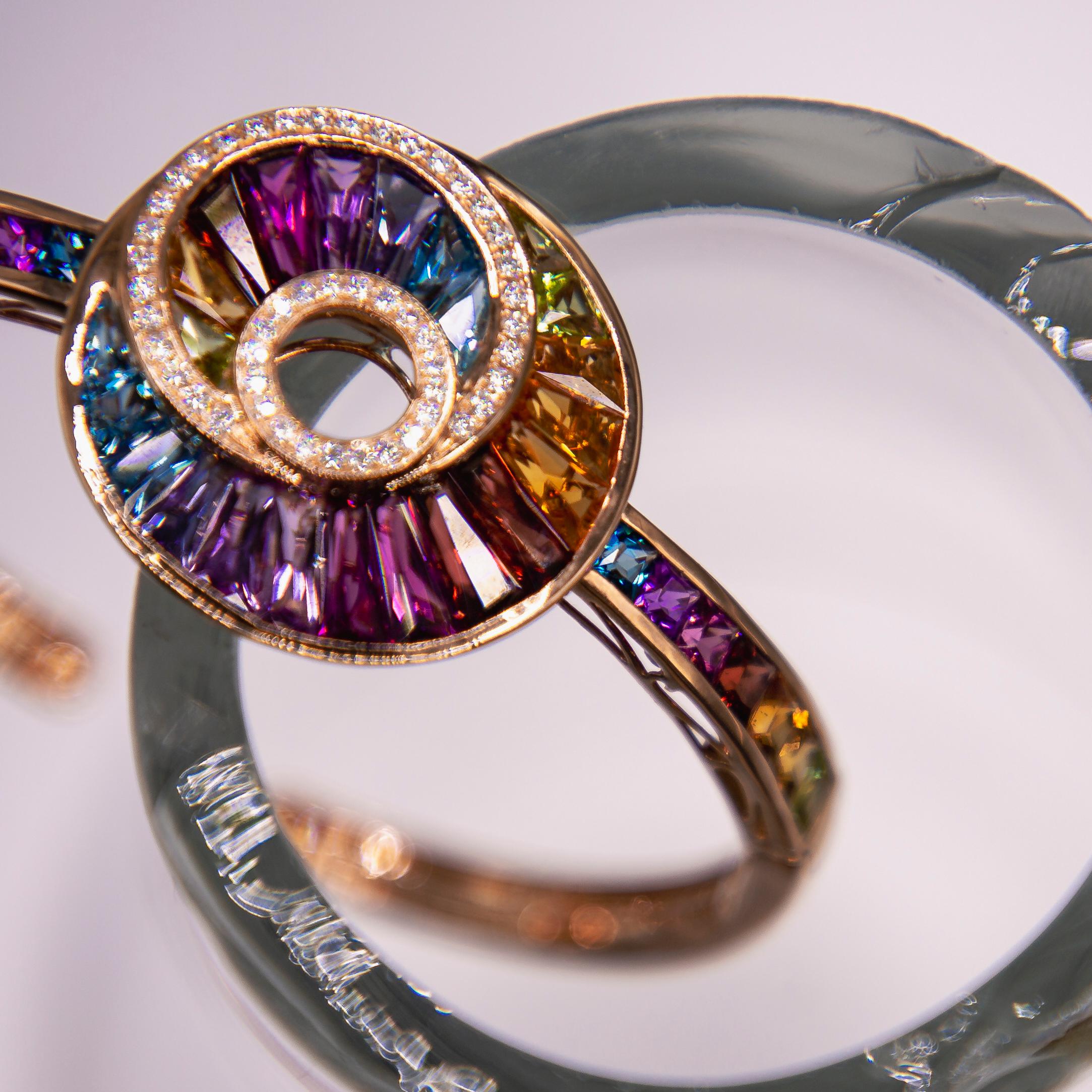 Round Cut 11.51 carats multi gems and diamonds 14k rose gold cuff bracelet  For Sale
