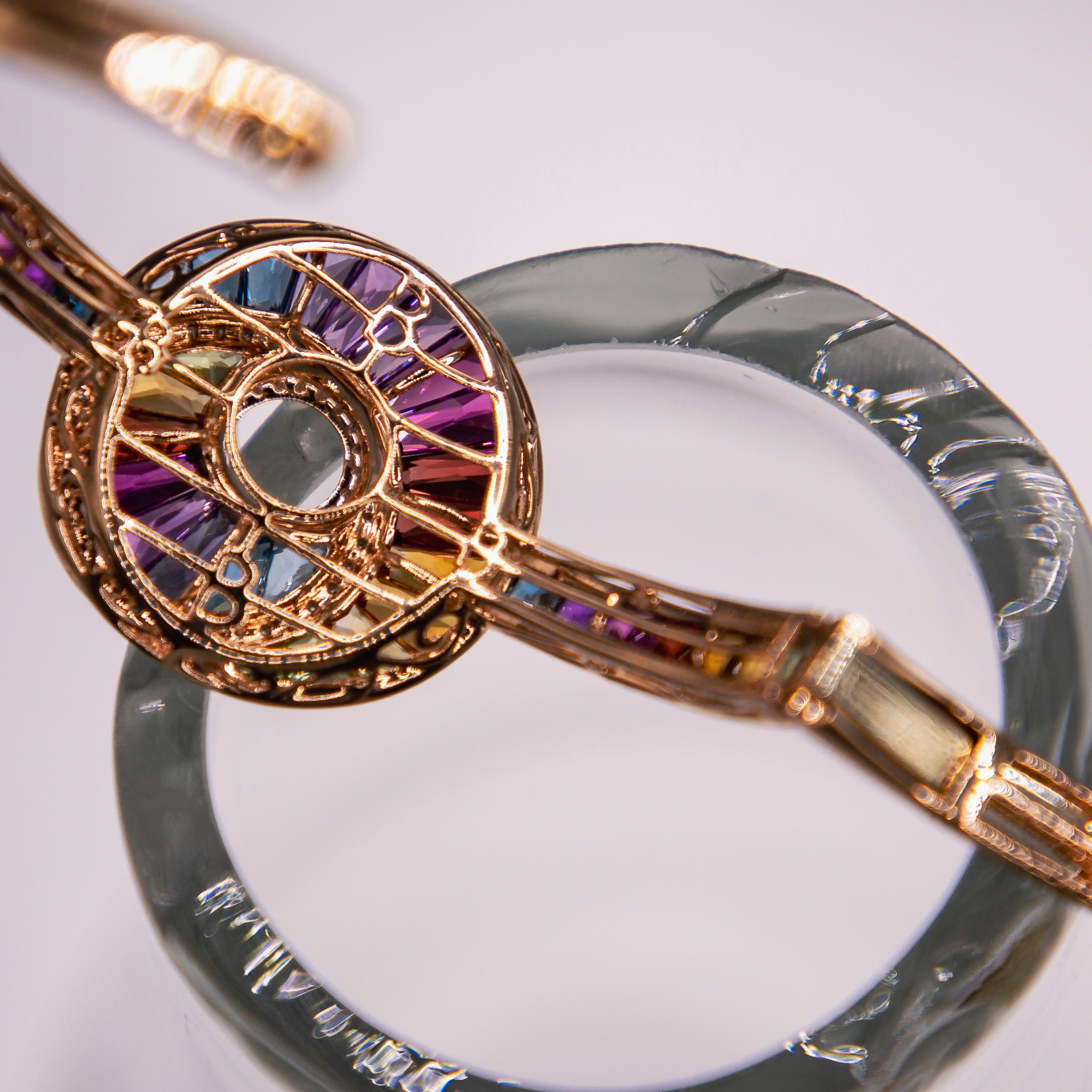 11.51 carats multi gems and diamonds 14k rose gold cuff bracelet  In New Condition For Sale In Birmingham, MI