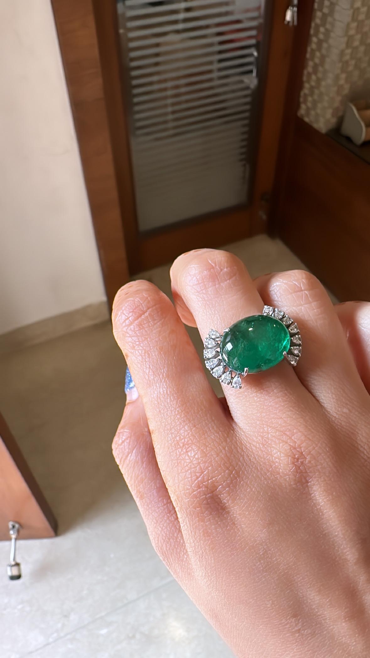 Modern 11.51 carats natural Zambian Emerald Cabochon & Diamond Engagement Cocktail Ring