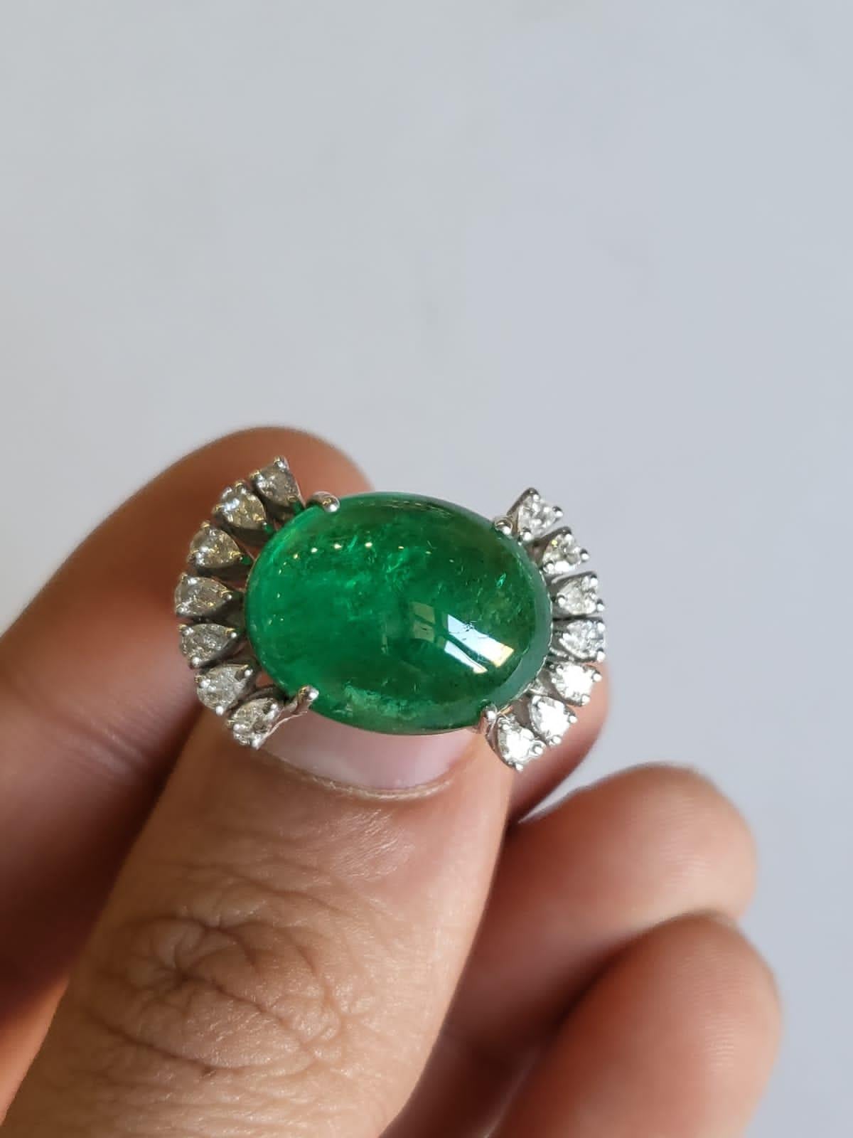 Pear Cut 11.51 carats natural Zambian Emerald Cabochon & Diamond Engagement Cocktail Ring