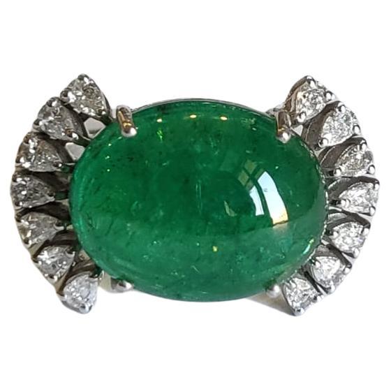 11.51 carats natural Zambian Emerald Cabochon & Diamond Engagement Cocktail Ring