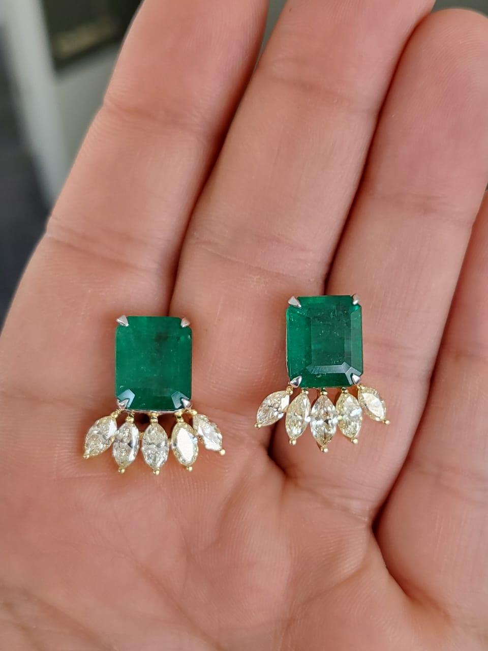 Modern 11.51 Carats, Natural Zambian Emeralds & Yellow Marquise Diamonds Stud Earrings For Sale