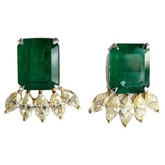 11.51 Carats, Natural Zambian Emeralds & Yellow Marquise Diamonds Stud Earrings
