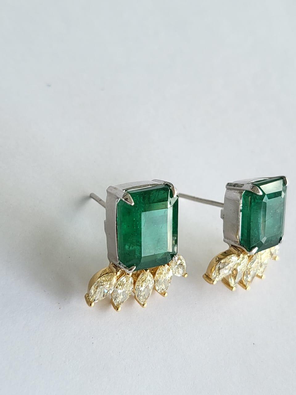 Marquise Cut 11.51 Carats, Natural Zambian Emeralds & Yellow Marquise Diamonds Stud Earrings For Sale