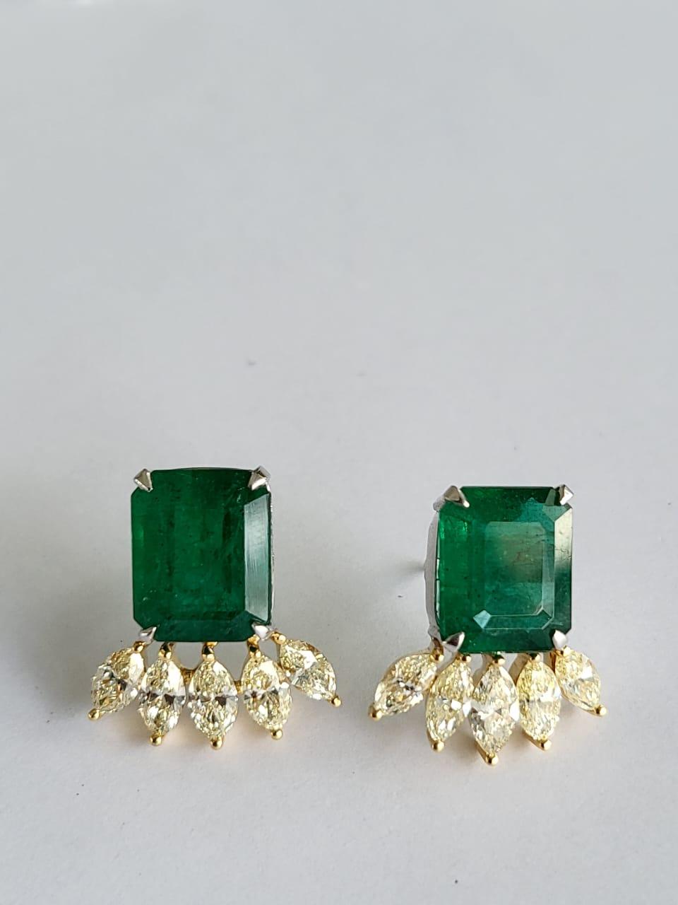 Women's or Men's 11.51 Carats, Natural Zambian Emeralds & Yellow Marquise Diamonds Stud Earrings For Sale